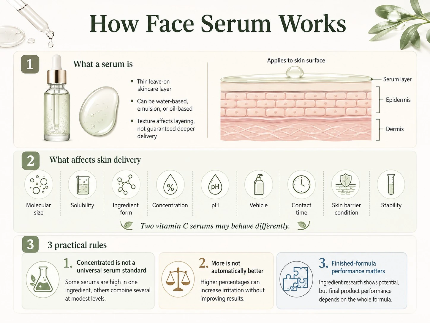 How Face Serum Works illustration showing leave on layer skin delivery formula performance and practical rules - Zicail Beauty How Face Serum Works illustration showing leave on layer skin delivery formula performance and practical rules - What Is Face Serum? What It Does and How to Use It