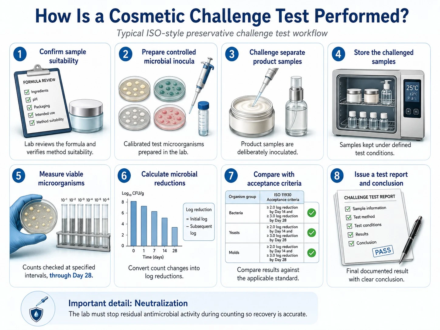 How Is a Cosmetic Challenge Test Performed illustration showing sample inoculation microbial counting acceptance criteria and reporting - Zicail Beauty How Is a Cosmetic Challenge Test Performed illustration showing sample inoculation microbial counting acceptance criteria and reporting - Preservative Challenge Testing for Cosmetics: What Brands Need