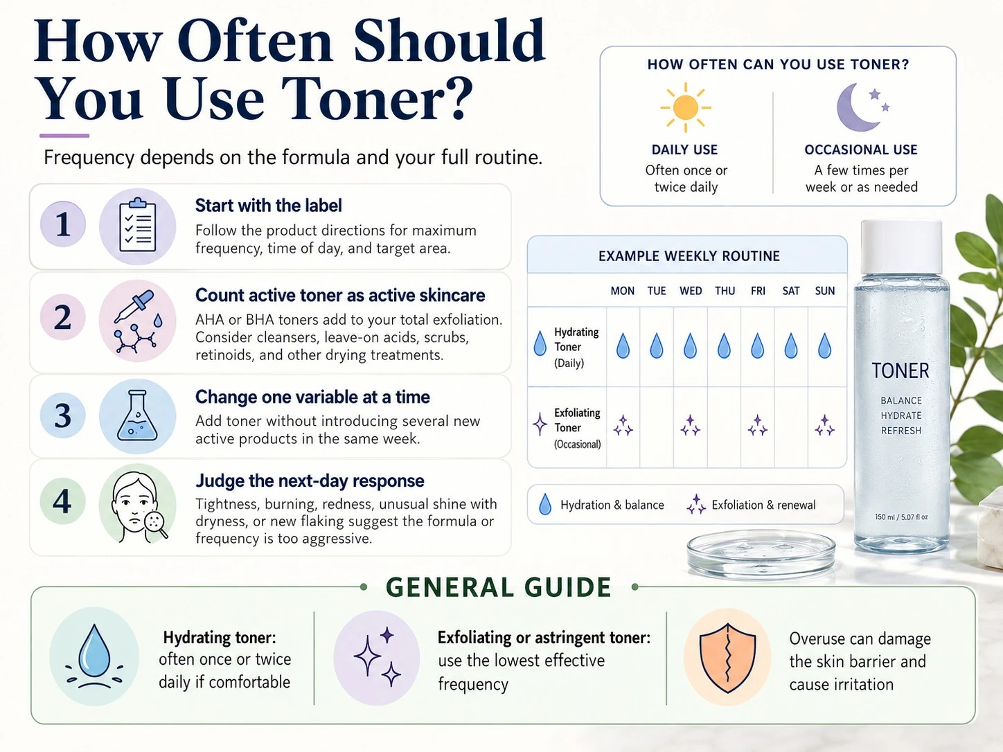 How Often Should You Use Toner illustration showing label directions active toner frequency weekly routine and skin response - Zicail Beauty How Often Should You Use Toner illustration showing label directions active toner frequency weekly routine and skin response - How to Use Toner: Correct Order, Method, and Frequency