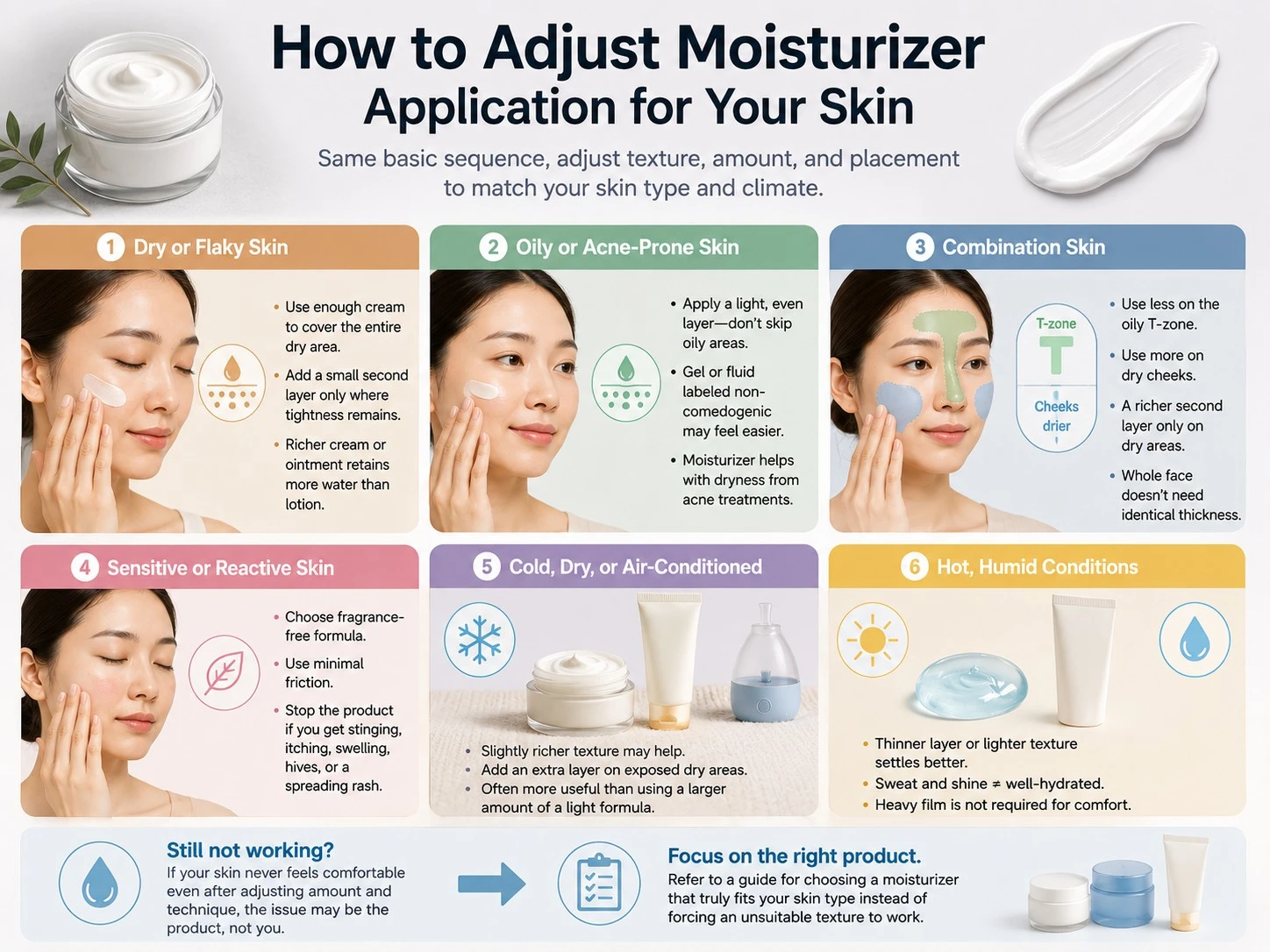 How to Adjust Moisturizer Application for Your Skin illustration showing dry oily combination sensitive and climate adjustments - Zicail Beauty How to Adjust Moisturizer Application for Your Skin illustration showing dry oily combination sensitive and climate adjustments - How to Apply Moisturizer: Amount, Timing and Order