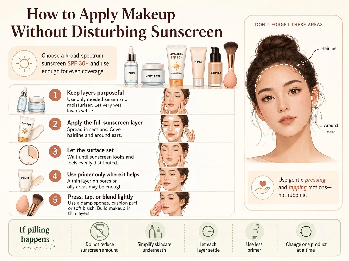 How to Apply Makeup Without Disturbing Sunscreen illustration showing full SPF layer setting time primer and gentle blending - Zicail Beauty How to Apply Makeup Without Disturbing Sunscreen illustration showing full SPF layer setting time primer and gentle blending - Sunscreen Before or After Makeup? The Correct Order