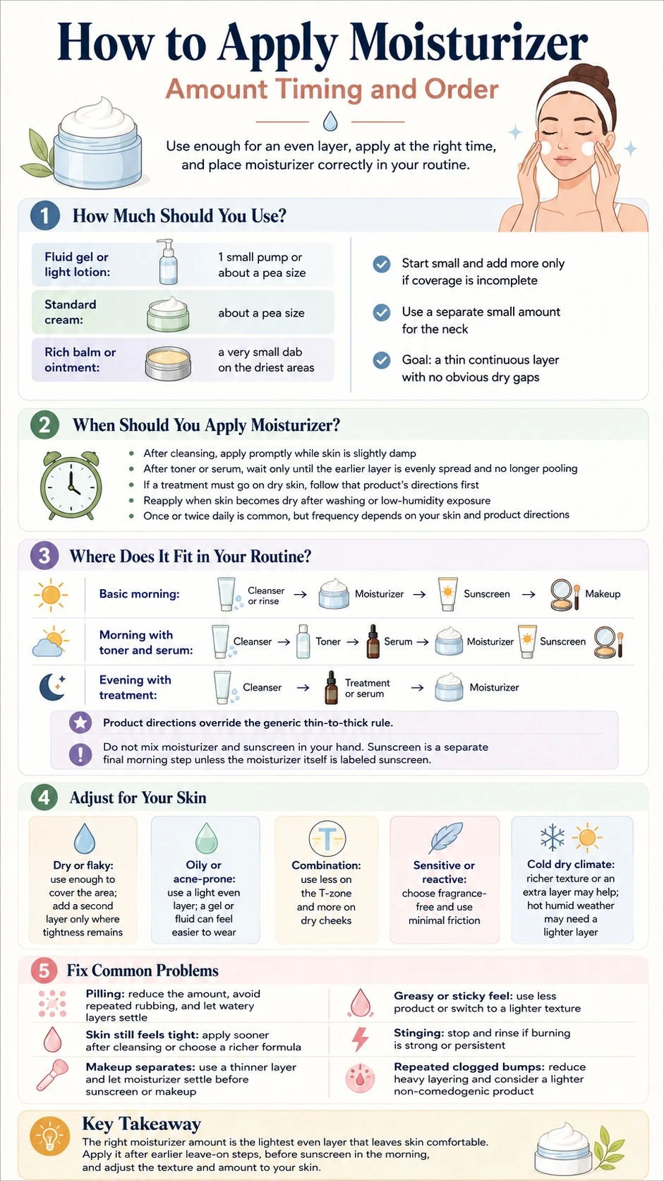 How to Apply Moisturizer Amount Timing and Order infographic covering amount timing skincare order skin adjustment and problem fixes - Zicail Beauty How to Apply Moisturizer Amount Timing and Order infographic covering amount timing skincare order skin adjustment and problem fixes - How to Apply Moisturizer: Amount, Timing and Order