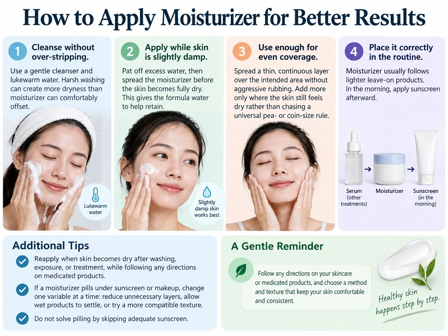 How to Apply Moisturizer for Better Results illustration showing gentle cleansing damp skin even coverage and sunscreen order - Zicail Beauty How to Apply Moisturizer for Better Results illustration showing gentle cleansing damp skin even coverage and sunscreen order - What Does Moisturizer Do? Benefits and How It Works