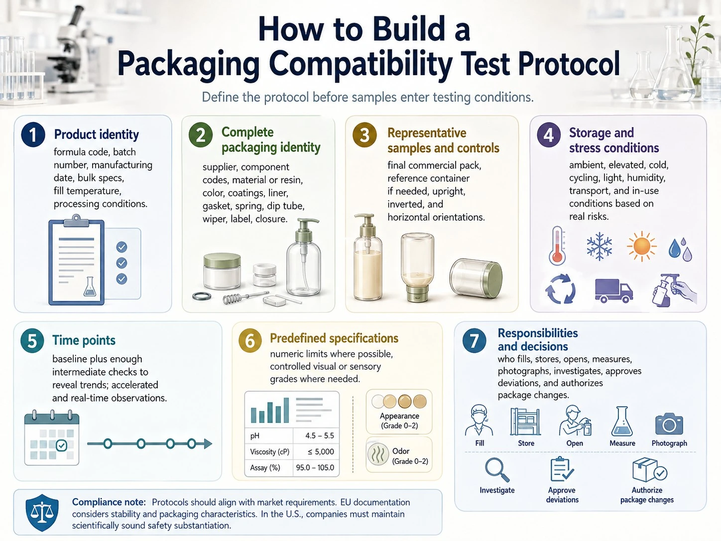 How to Build a Packaging Compatibility Test Protocol illustration showing samples conditions specifications and testing workflow - Zicail Beauty How to Build a Packaging Compatibility Test Protocol illustration showing samples conditions specifications and testing workflow - Packaging Compatibility Testing for Skincare Products