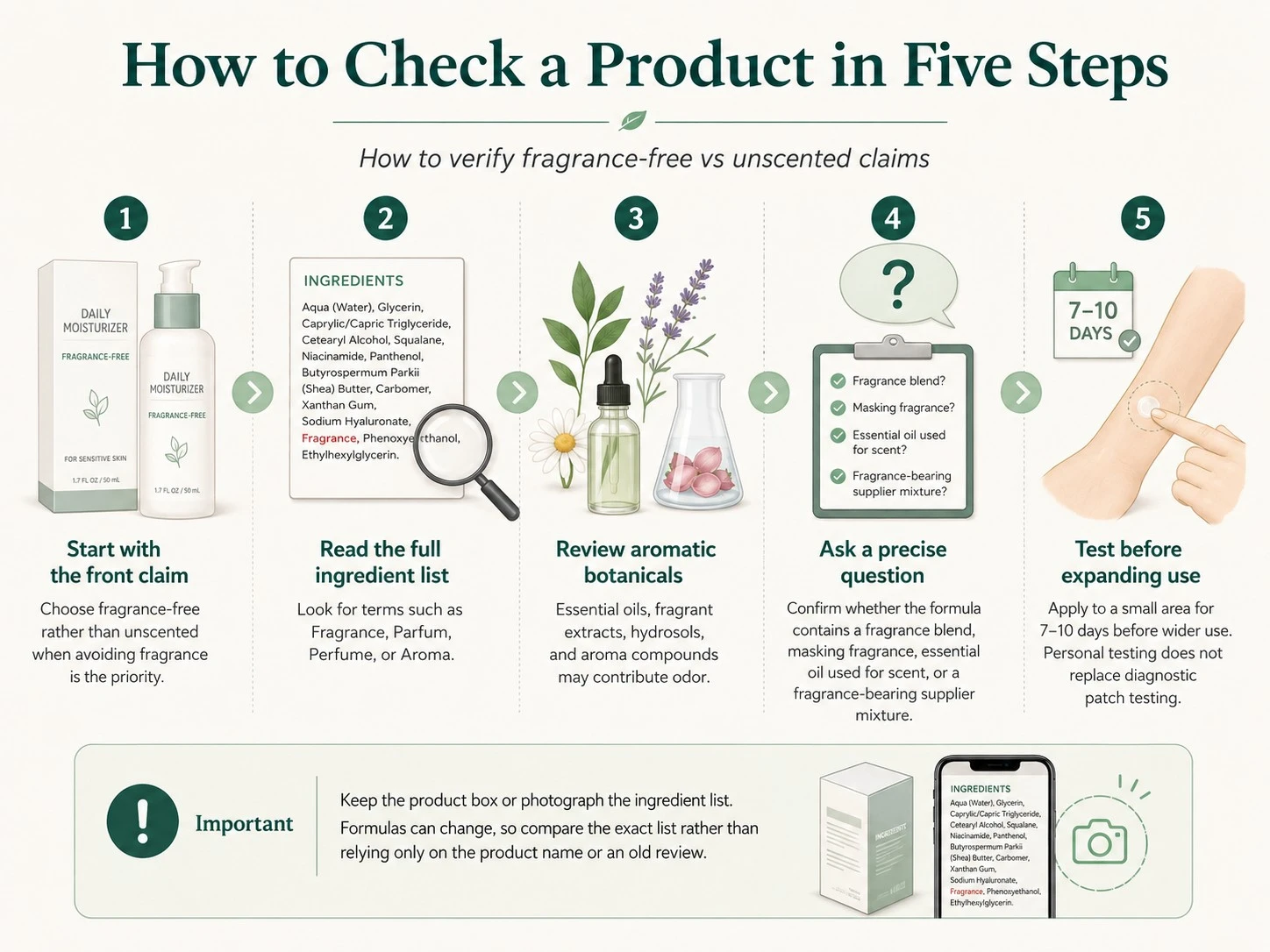 How to Check a Product in Five Steps illustration showing skincare label review ingredient check and patch testing - Zicail Beauty How to Check a Product in Five Steps illustration showing skincare label review ingredient check and patch testing - Fragrance-Free vs Unscented Skincare: Key Differences