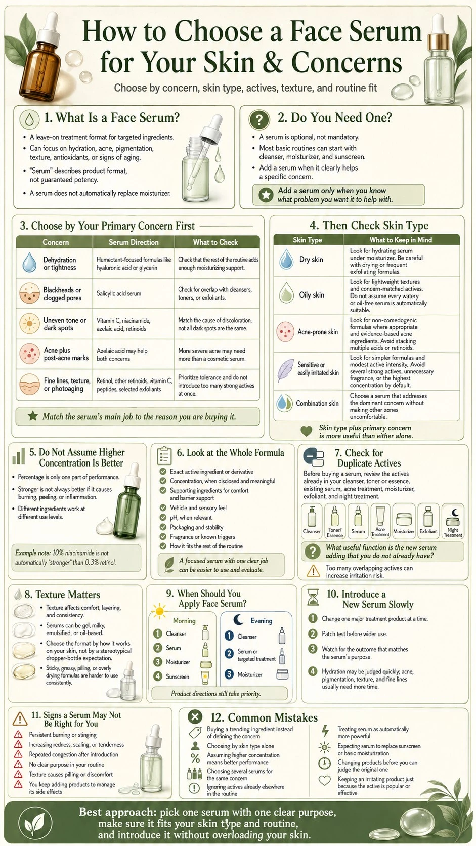 How to Choose a Face Serum for Your Skin and Concerns infographic covering actives texture routine and skin types - Zicail Beauty How to Choose a Face Serum for Your Skin and Concerns infographic covering actives texture routine and skin types - How to Choose a Face Serum for Your Skin & Concerns
