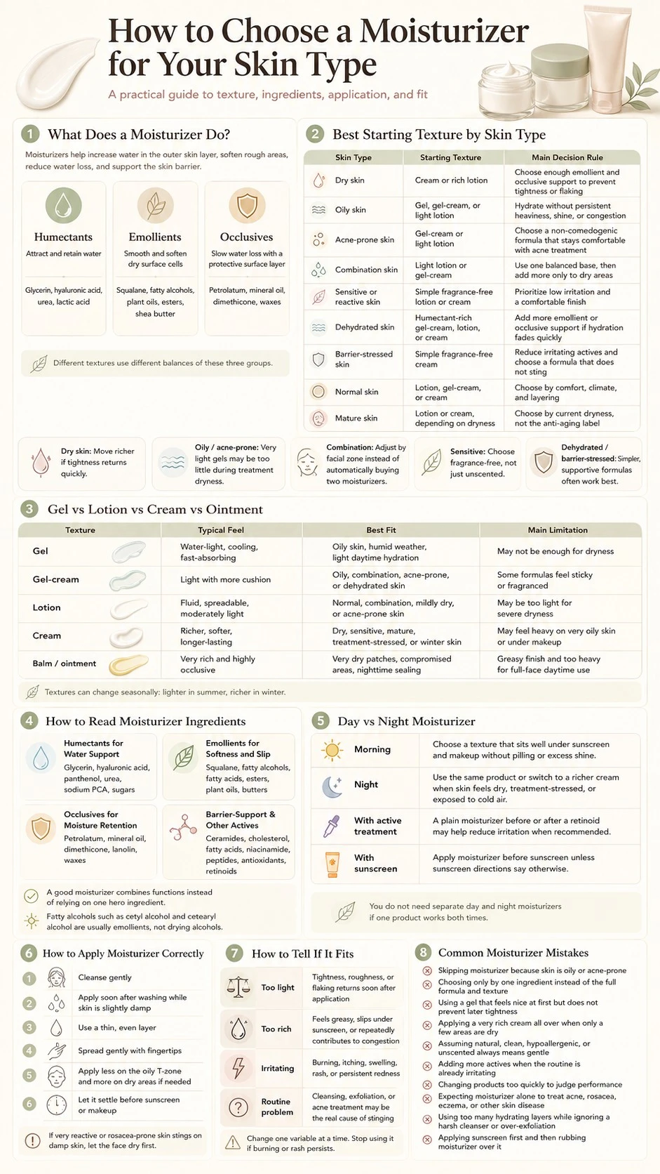 How to Choose a Moisturizer for Your Skin Type infographic comparing textures ingredients application fit and common mistakes - Zicail Beauty How to Choose a Moisturizer for Your Skin Type infographic comparing textures ingredients application fit and common mistakes - How to Choose a Moisturizer for Your Skin Type Guide