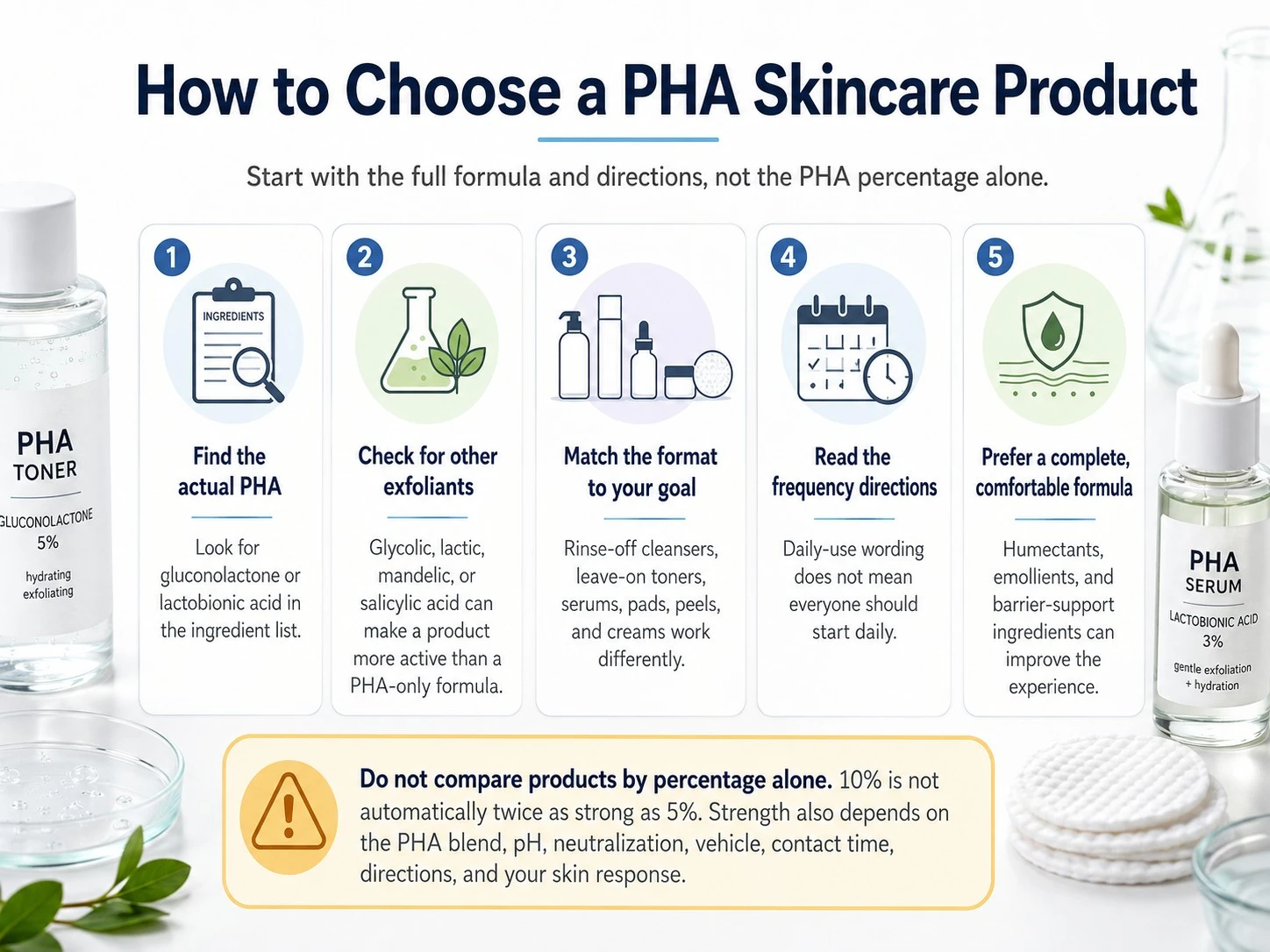 How to Choose a PHA Skincare Product illustration showing ingredient check exfoliant blends format frequency and formula comfort - Zicail Beauty How to Choose a PHA Skincare Product illustration showing ingredient check exfoliant blends format frequency and formula comfort - PHA for Skin: Benefits, Uses, Safety and AHA vs BHA