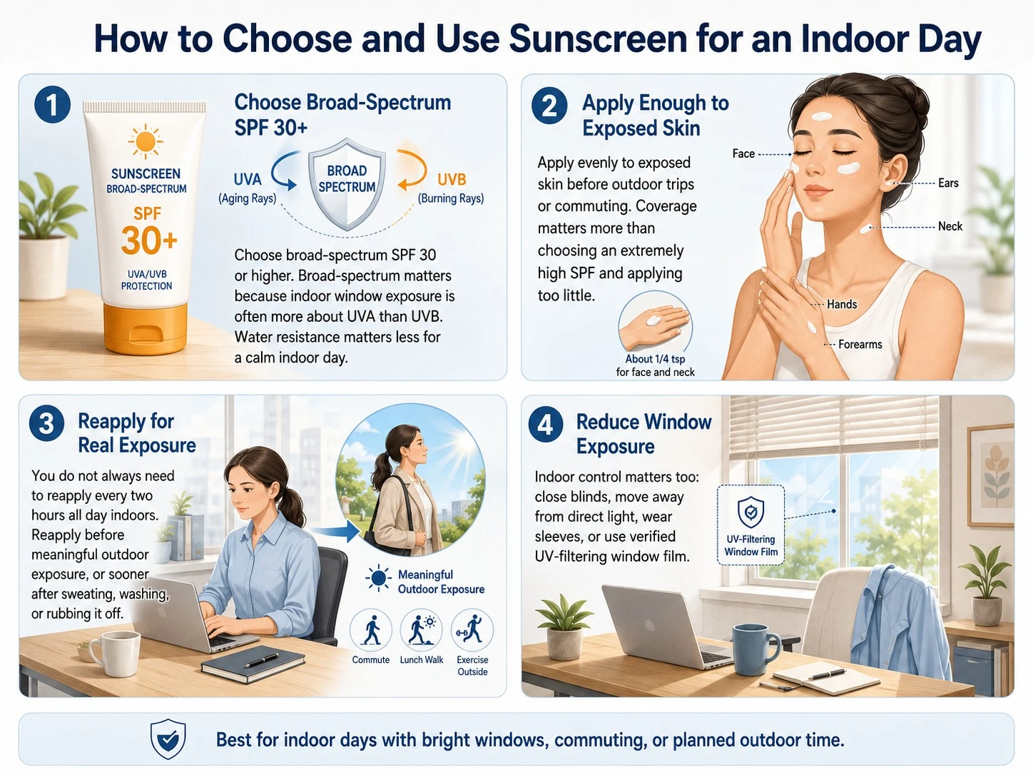 How to Choose and Use Sunscreen for an Indoor Day illustration showing broad spectrum SPF window exposure and reapplication - Zicail Beauty How to Choose and Use Sunscreen for an Indoor Day illustration showing broad spectrum SPF window exposure and reapplication - Do You Need Sunscreen Indoors? A Practical SPF Guide