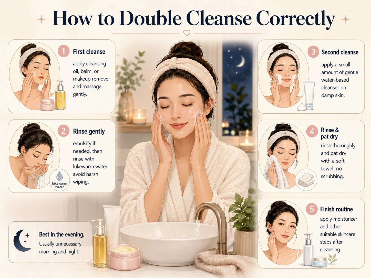 How to Double Cleanse Correctly with first cleanse gentle rinsing second cleanse pat drying and moisturizer - Zicail Beauty How to Double Cleanse Correctly with first cleanse gentle rinsing second cleanse pat drying and moisturizer - What Is Double Cleansing and Do You Really Need It?