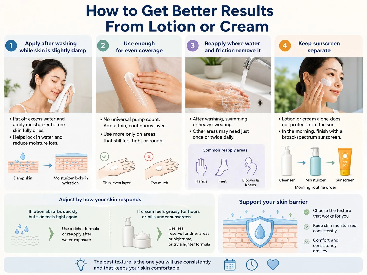 How to Get Better Results From Lotion or Cream illustration showing damp skin even coverage reapplication and sunscreen - Zicail Beauty How to Get Better Results From Lotion or Cream illustration showing damp skin even coverage reapplication and sunscreen - Lotion vs Cream: Differences and How to Choose One