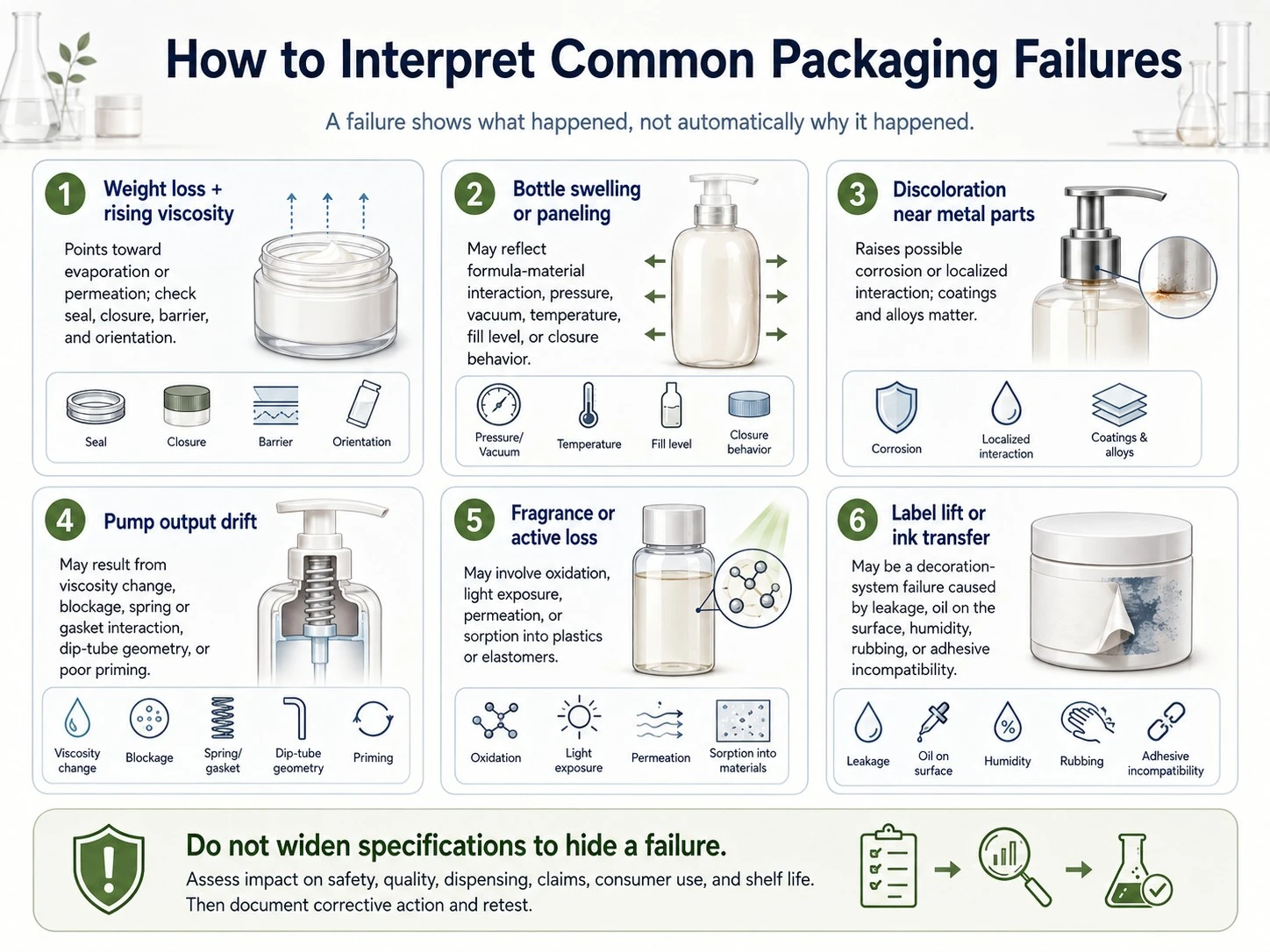How to Interpret Common Packaging Failures illustration showing leakage swelling corrosion pump and label issues - Zicail Beauty How to Interpret Common Packaging Failures illustration showing leakage swelling corrosion pump and label issues - Packaging Compatibility Testing for Skincare Products