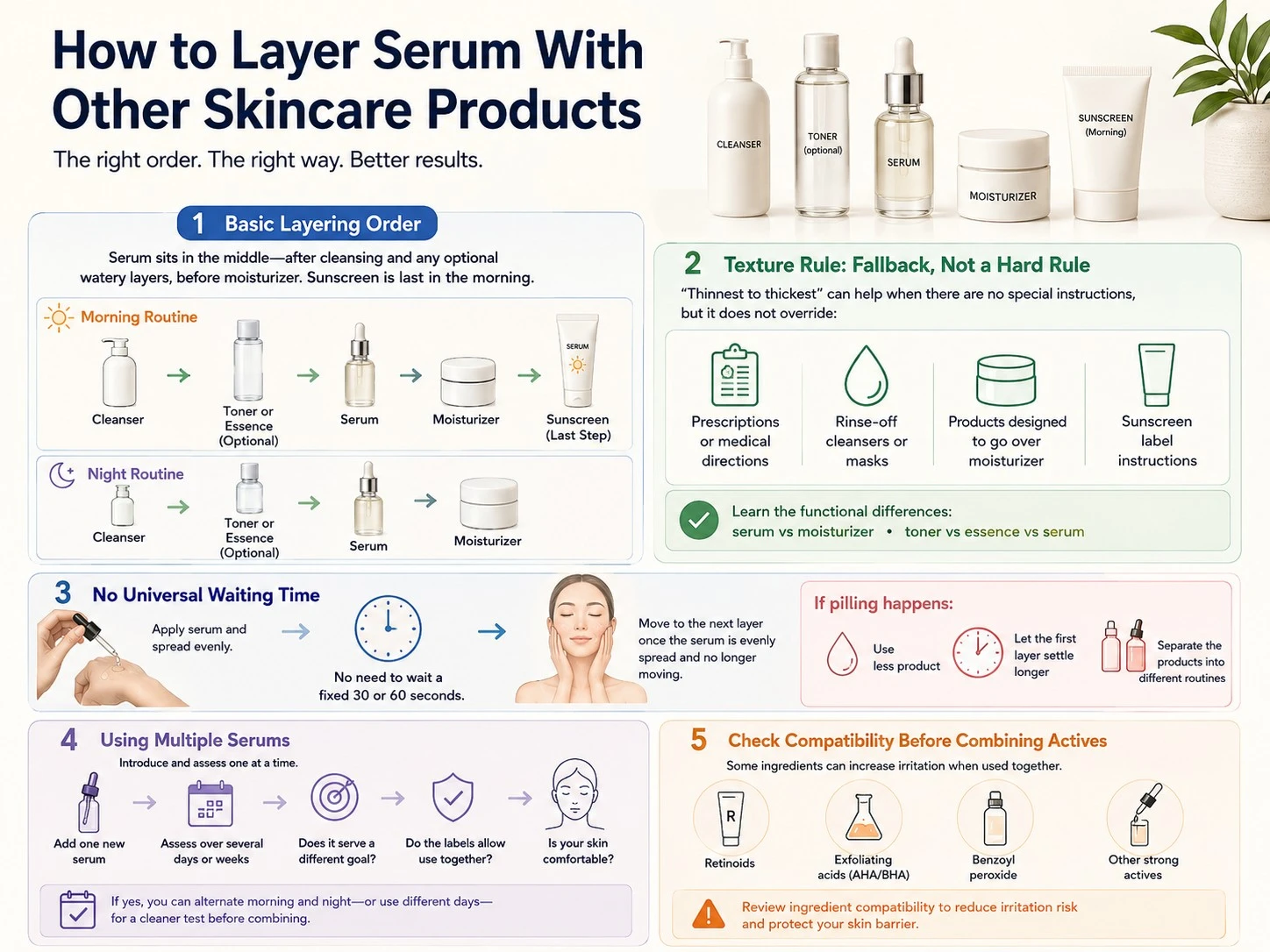 How to Layer Serum With Other Skincare Products illustration showing routine order timing pilling prevention and active compatibility - Zicail Beauty How to Layer Serum With Other Skincare Products illustration showing routine order timing pilling prevention and active compatibility - How to Use Face Serum: Order, Amount and Frequency