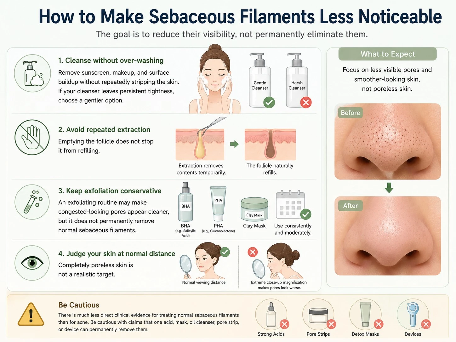 How to Make Sebaceous Filaments Less Noticeable with gentle cleansing conservative exfoliation and avoiding repeated extraction - Zicail Beauty How to Make Sebaceous Filaments Less Noticeable with gentle cleansing conservative exfoliation and avoiding repeated extraction - Sebaceous Filaments vs Blackheads: How to Tell the Difference