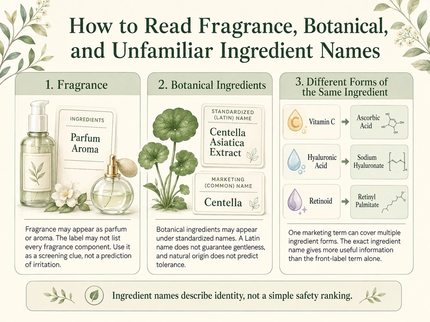 How to Read Fragrance Botanical and Unfamiliar Ingredient Names illustration comparing fragrance botanicals and ingredient forms - Zicail Beauty How to Read Fragrance Botanical and Unfamiliar Ingredient Names illustration comparing fragrance botanicals and ingredient forms - How to Read a Skincare Ingredient List