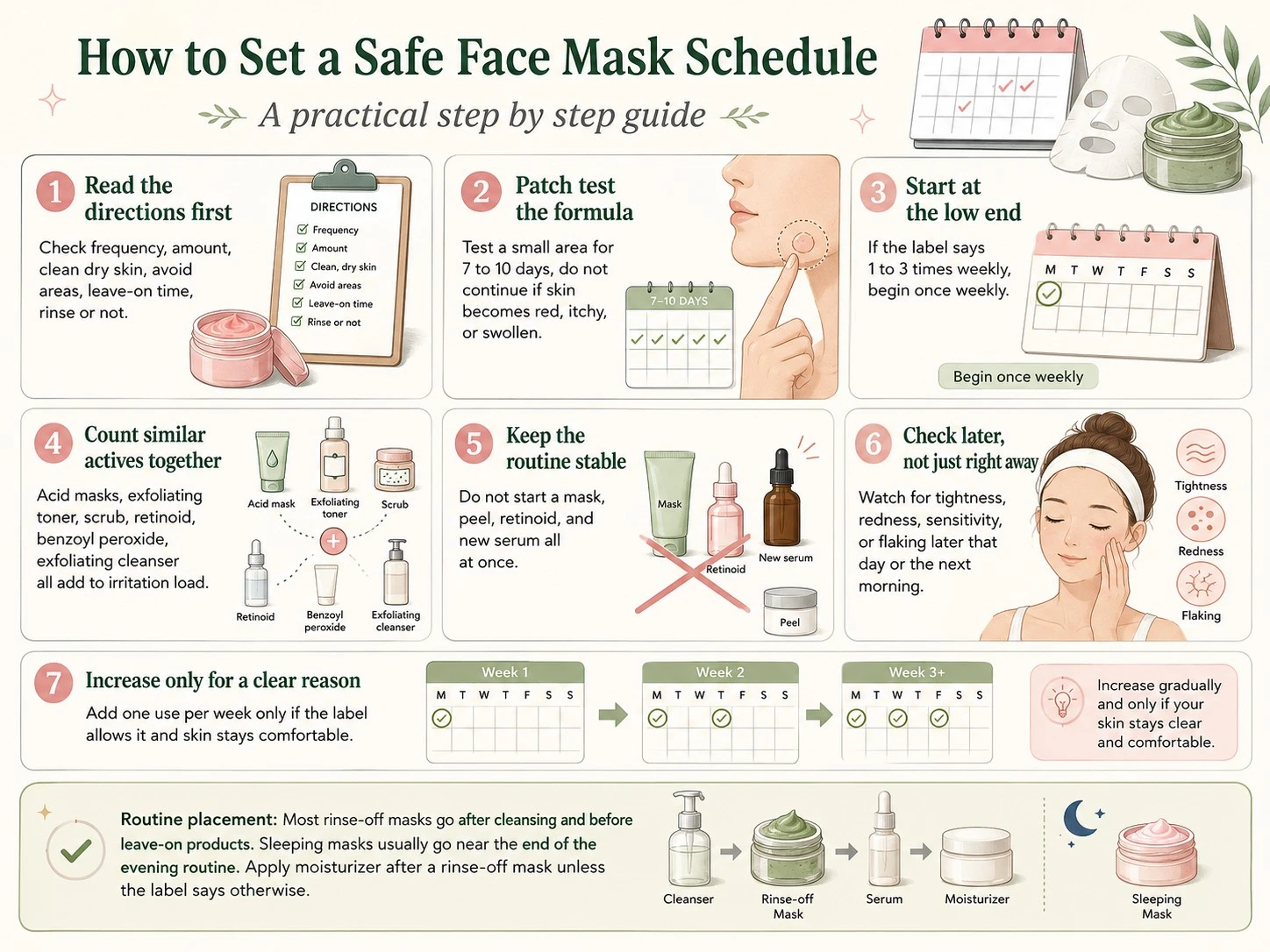 How to Set a Safe Face Mask Schedule illustration showing label directions patch testing weekly frequency and routine placement - Zicail Beauty How to Set a Safe Face Mask Schedule illustration showing label directions patch testing weekly frequency and routine placement - How Often Should You Use a Face Mask? Safe Schedule