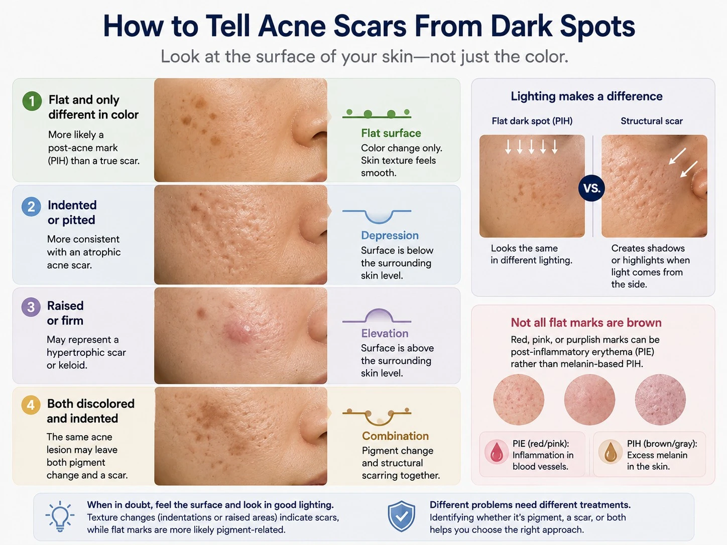 How to Tell Acne Scars From Dark Spots illustration comparing flat pigmentation indented scars raised scars and skin texture - Zicail Beauty How to Tell Acne Scars From Dark Spots illustration comparing flat pigmentation indented scars raised scars and skin texture - Acne Scars vs Dark Spots: How to Tell the Difference