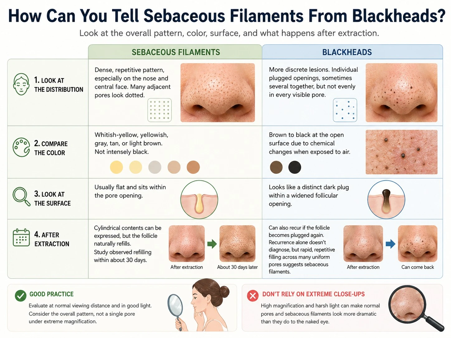How to Tell Sebaceous Filaments From Blackheads by distribution color surface appearance and extraction behavior - Zicail Beauty How to Tell Sebaceous Filaments From Blackheads by distribution color surface appearance and extraction behavior - Sebaceous Filaments vs Blackheads: How to Tell the Difference