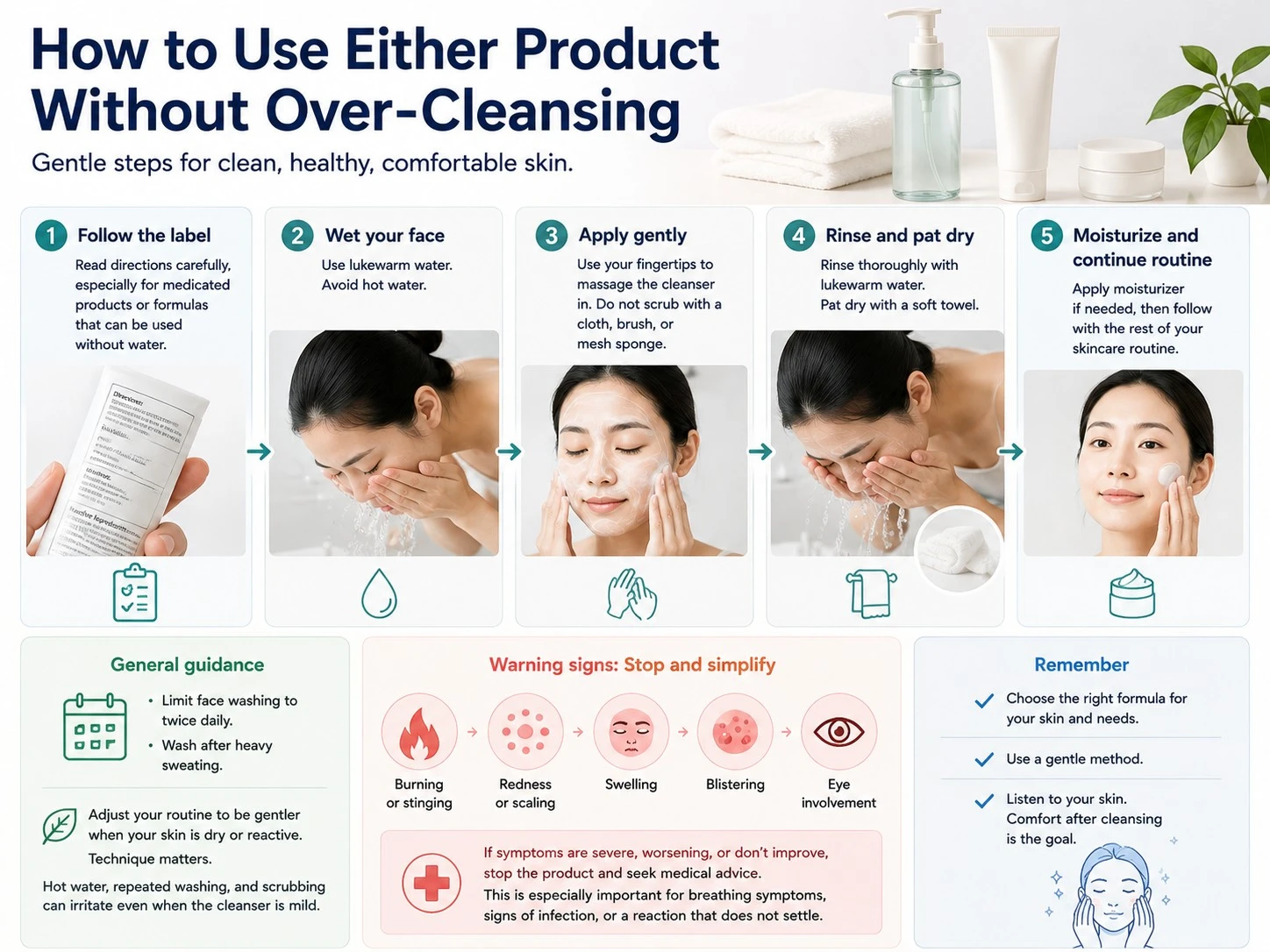 How to Use Either Product Without Over Cleansing illustration showing gentle washing steps moisturizer and irritation warnings - Zicail Beauty How to Use Either Product Without Over Cleansing illustration showing gentle washing steps moisturizer and irritation warnings - Face Wash vs Cleanser: Differences and How to Choose