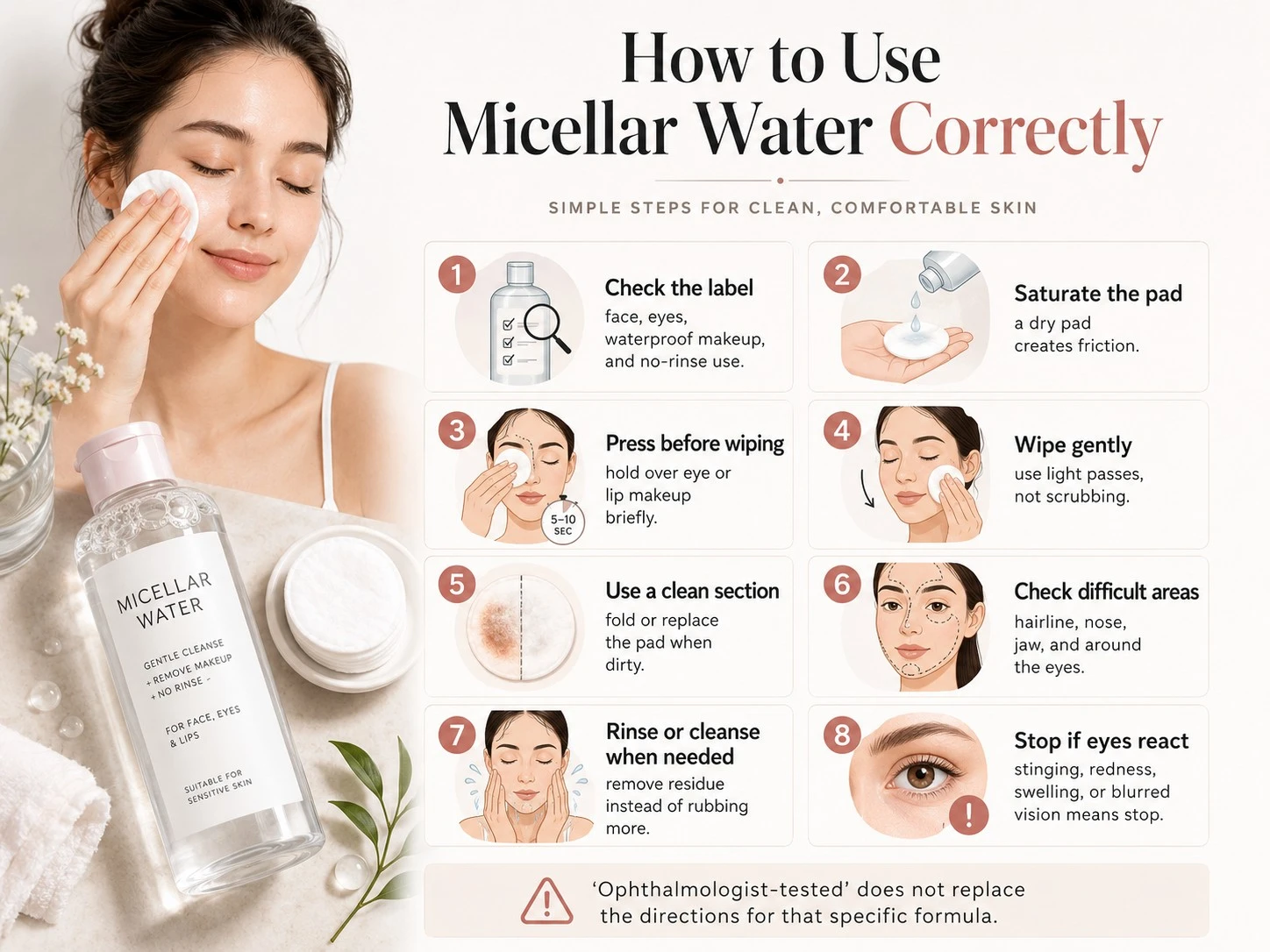 How to Use Micellar Water Correctly illustration with saturated pad gentle wiping difficult areas and rinsing - Zicail Beauty How to Use Micellar Water Correctly illustration with saturated pad gentle wiping difficult areas and rinsing - Micellar Water vs Cleanser: Which Is Better for Skin?