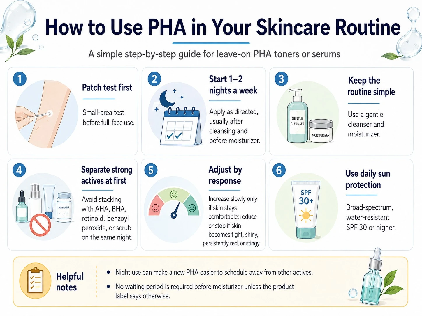 How to Use PHA in Your Skincare Routine illustration showing patch testing frequency simple routine active separation and sunscreen - Zicail Beauty How to Use PHA in Your Skincare Routine illustration showing patch testing frequency simple routine active separation and sunscreen - PHA for Skin: Benefits, Uses, Safety and AHA vs BHA