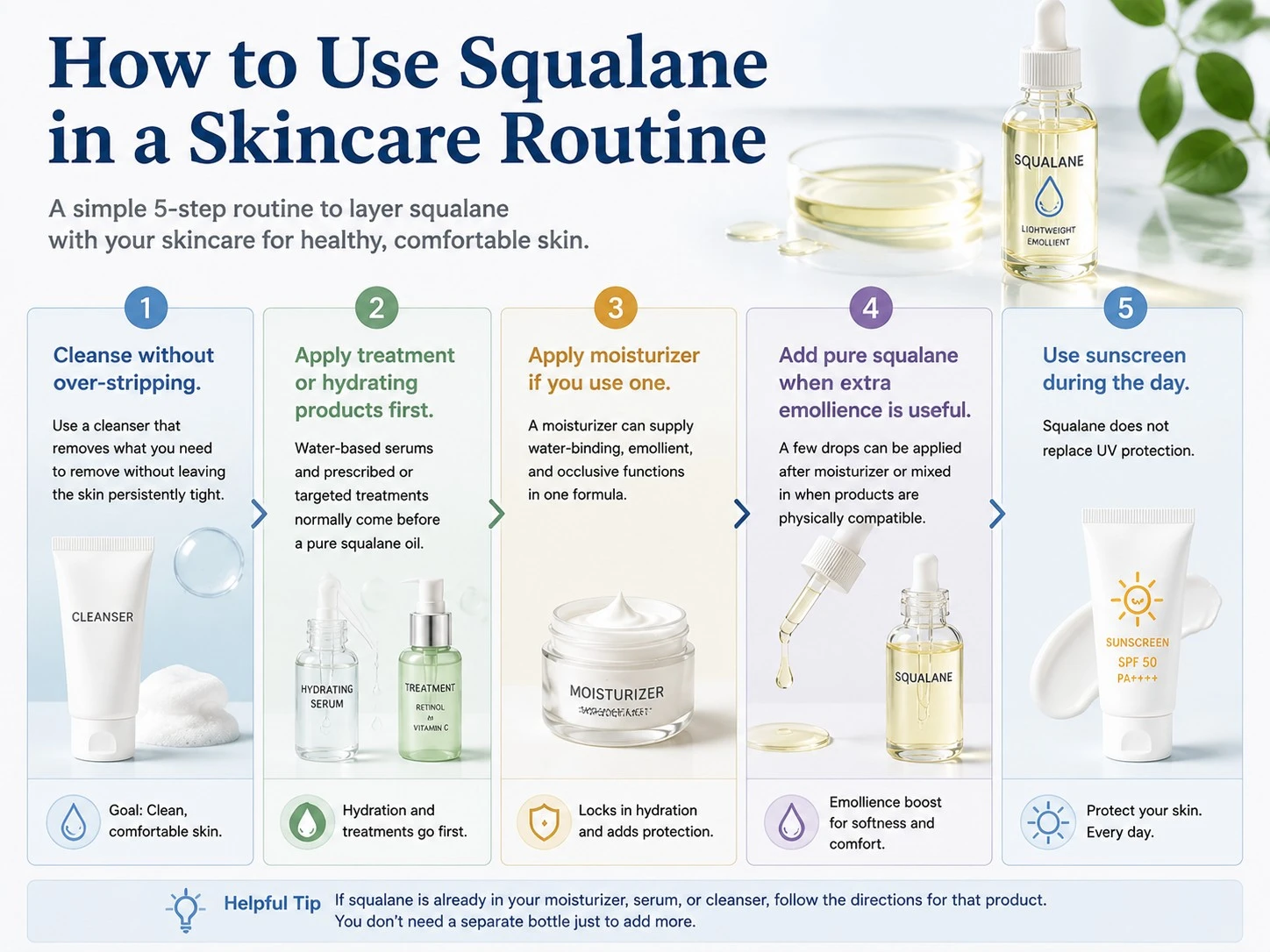 How to Use Squalane in a Skincare Routine illustration showing cleansing serum moisturizer squalane and sunscreen steps - Zicail Beauty How to Use Squalane in a Skincare Routine illustration showing cleansing serum moisturizer squalane and sunscreen steps - Squalane for Skin: Benefits, Uses & How to Use It