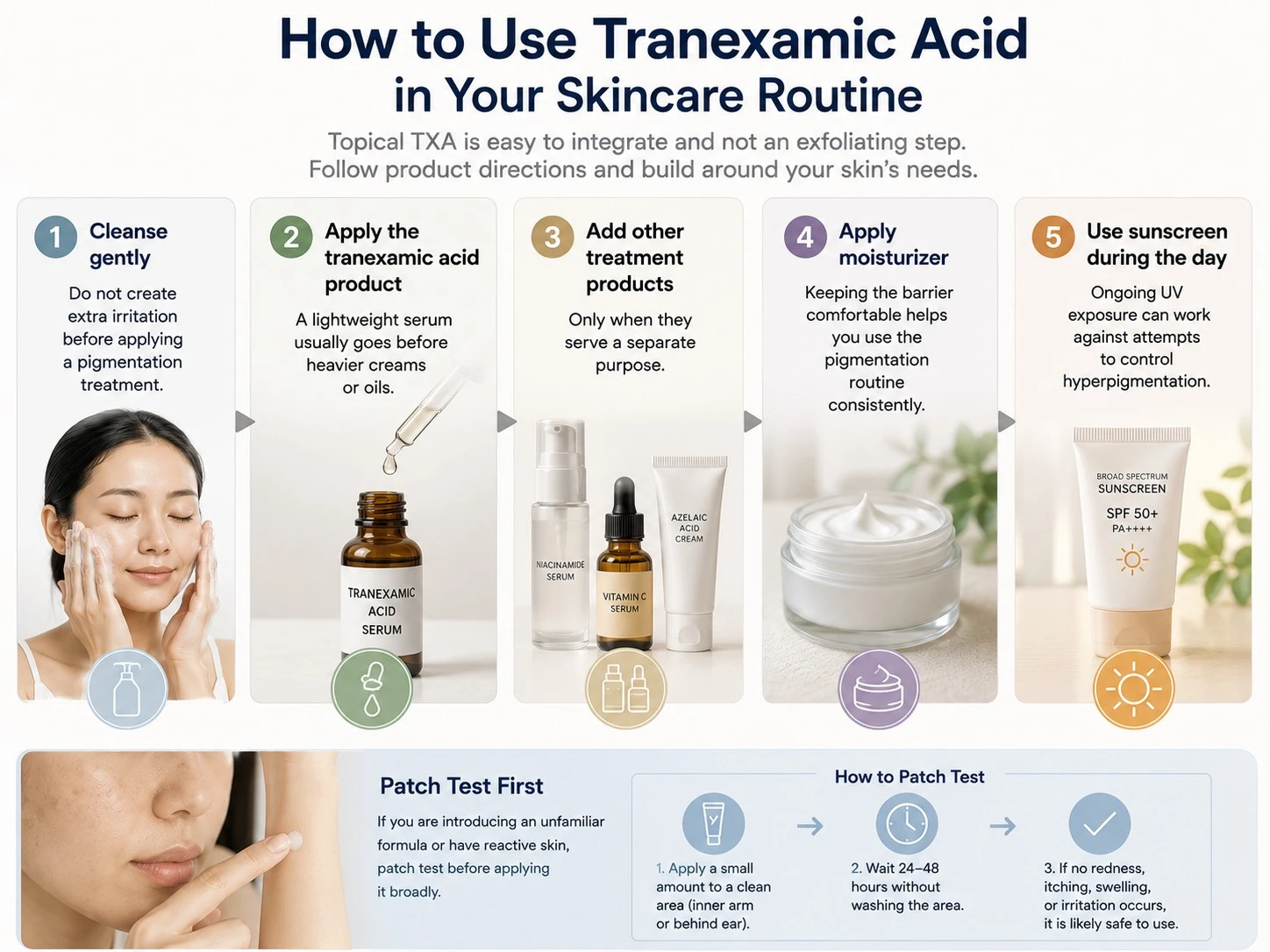 How to Use Tranexamic Acid in Your Skincare Routine illustration showing cleansing serum moisturizer sunscreen and patch testing - Zicail Beauty How to Use Tranexamic Acid in Your Skincare Routine illustration showing cleansing serum moisturizer sunscreen and patch testing - Tranexamic Acid for Skin: Benefits, Dark Spots & How to Use
