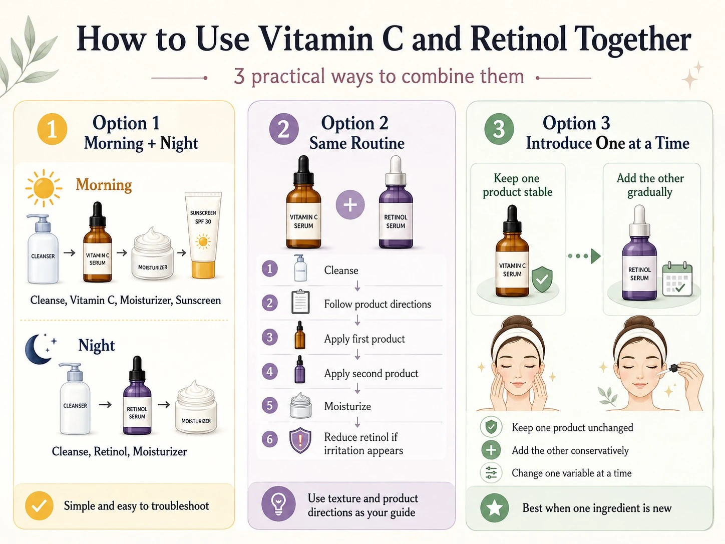 How to Use Vitamin C and Retinol Together showing morning night separation same routine layering and gradual introduction - Zicail Beauty How to Use Vitamin C and Retinol Together showing morning night separation same routine layering and gradual introduction - Can You Use Vitamin C and Retinol Together?