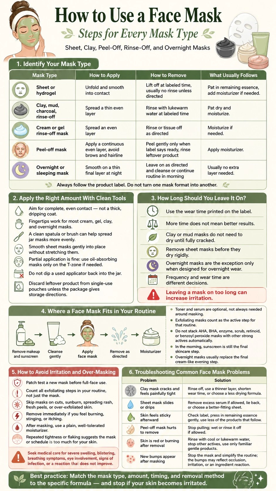 How to Use a Face Mask Steps for Every Mask Type infographic covering mask types timing routine irritation and troubleshooting - Zicail Beauty How to Use a Face Mask Steps for Every Mask Type infographic covering mask types timing routine irritation and troubleshooting - How to Use a Face Mask: Steps for Every Mask Type