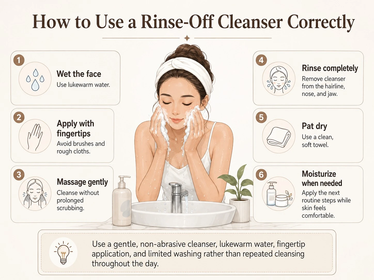 How to Use a Rinse Off Cleanser Correctly illustration with lukewarm water fingertips rinsing pat drying and moisturizer - Zicail Beauty How to Use a Rinse Off Cleanser Correctly illustration with lukewarm water fingertips rinsing pat drying and moisturizer - Micellar Water vs Cleanser: Which Is Better for Skin?