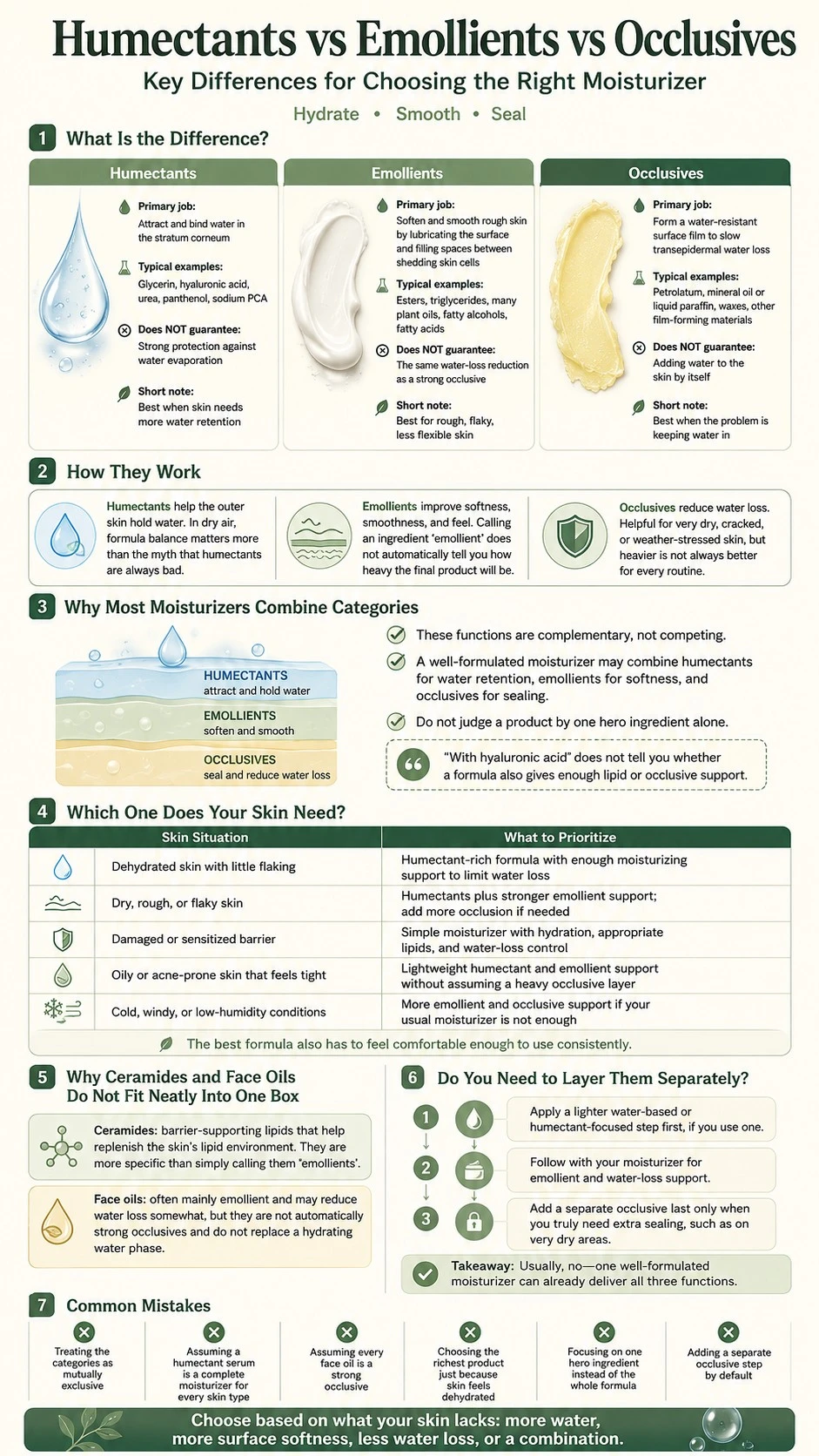 Humectants vs Emollients vs Occlusives Key Differences infographic comparing functions ingredients skin needs and layering - Zicail Beauty Humectants vs Emollients vs Occlusives Key Differences infographic comparing functions ingredients skin needs and layering - Humectants vs Emollients vs Occlusives: Key Differences