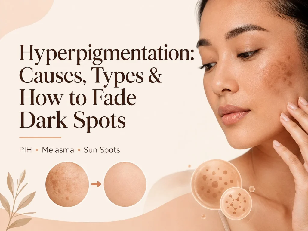 Hyperpigmentation Causes Types and How to Fade Dark Spots showing PIH melasma sun spots and uneven skin tone - Hyperpigmentation: Causes, Types & How to Fade Dark Spots