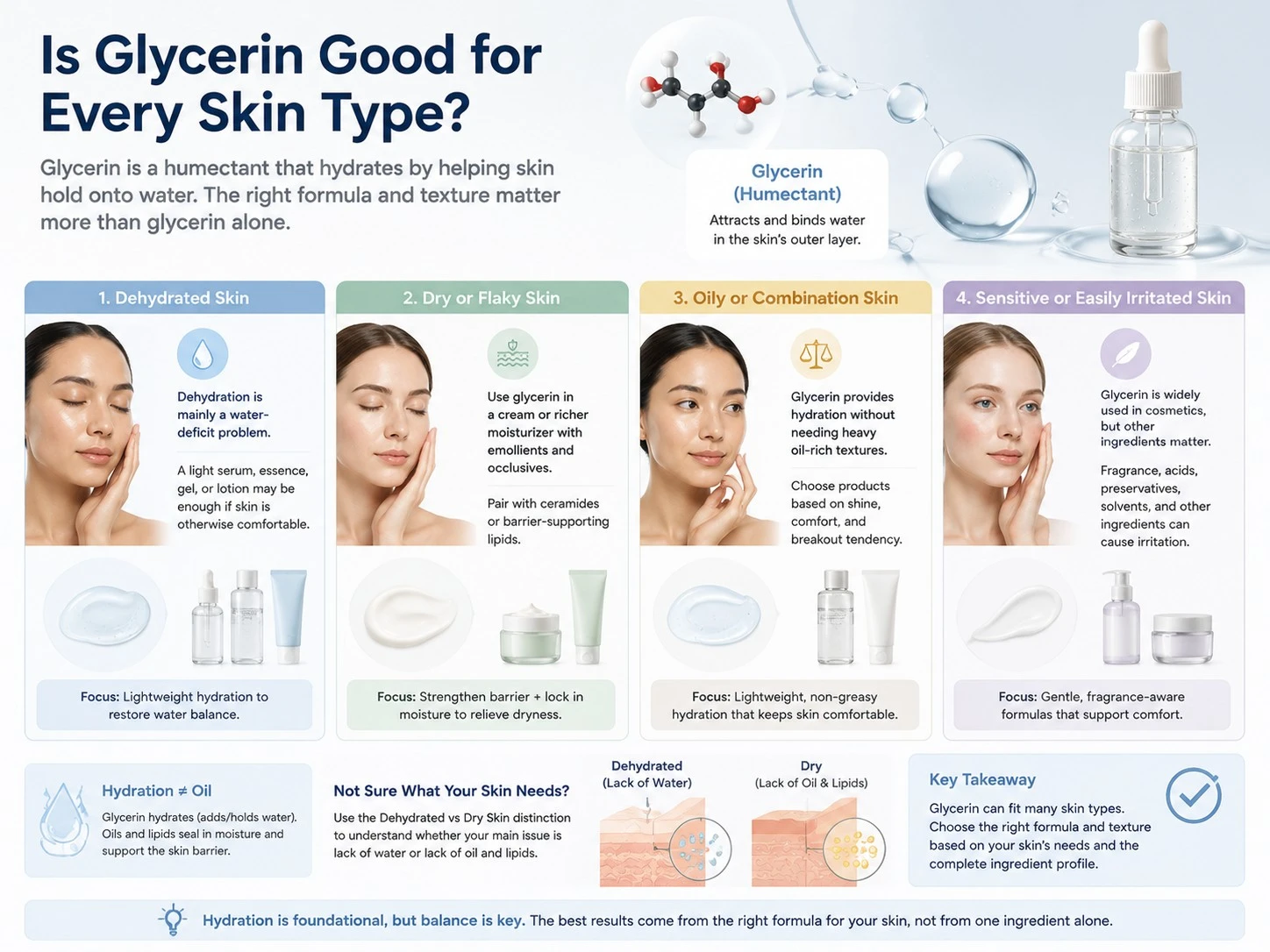 Is Glycerin Good for Every Skin Type illustration comparing dehydrated dry oily and sensitive skin needs - Zicail Beauty Is Glycerin Good for Every Skin Type illustration comparing dehydrated dry oily and sensitive skin needs - Glycerin for Skin: Benefits, Uses, Safety & How to Apply