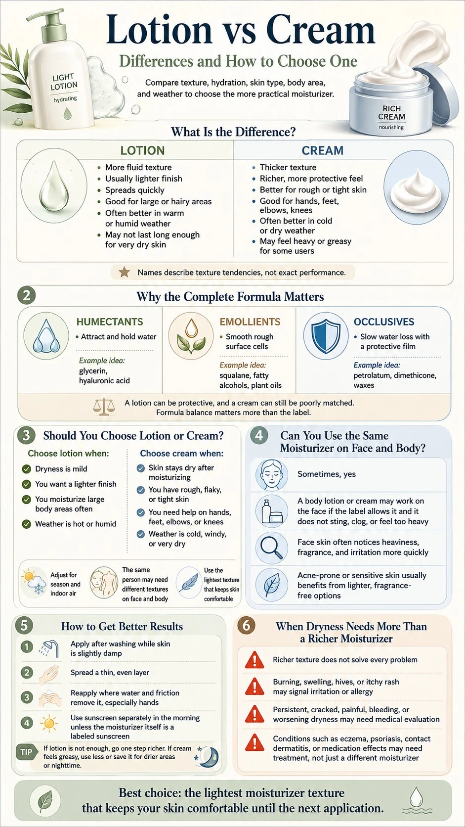 Lotion vs Cream Differences and How to Choose One infographic covering texture formula skin needs body use and dryness - Zicail Beauty Lotion vs Cream Differences and How to Choose One infographic covering texture formula skin needs body use and dryness - Lotion vs Cream: Differences and How to Choose One