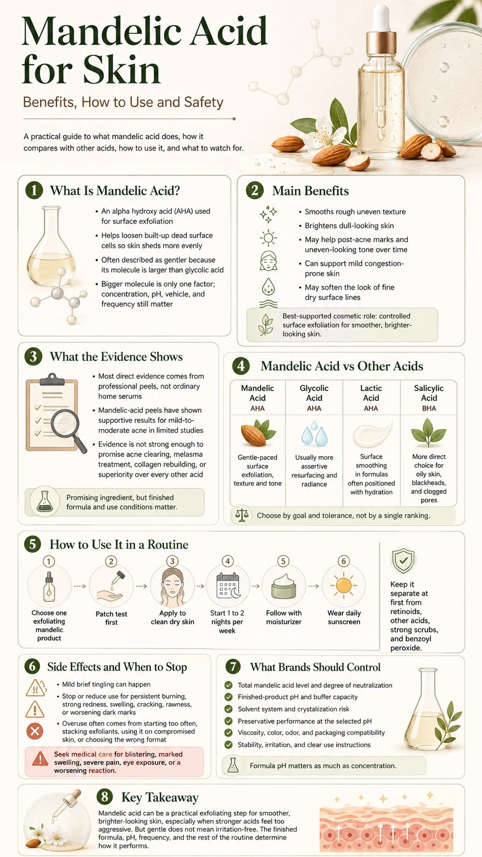 Mandelic Acid for Skin Benefits How to Use and Safety infographic covering benefits routine comparison irritation and formula control - Zicail Beauty Mandelic Acid for Skin Benefits How to Use and Safety infographic covering benefits routine comparison irritation and formula control - Mandelic Acid for Skin: Benefits, How to Use & Safety