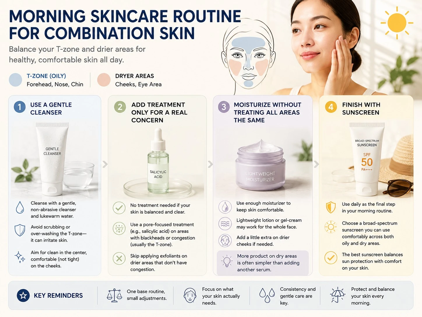 Morning Skincare Routine for Combination Skin illustration showing cleanser targeted treatment moisturizer and sunscreen - Zicail Beauty Morning Skincare Routine for Combination Skin illustration showing cleanser targeted treatment moisturizer and sunscreen - Skincare Routine for Combination Skin: AM & PM Steps