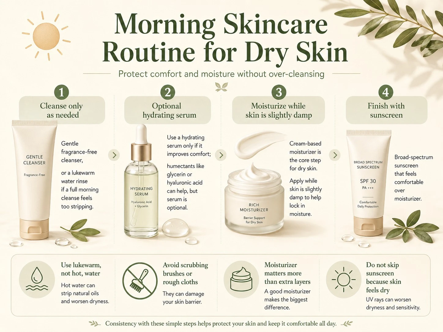 Morning Skincare Routine for Dry Skin illustration showing gentle cleansing optional serum moisturizer and sunscreen - Zicail Beauty Morning Skincare Routine for Dry Skin illustration showing gentle cleansing optional serum moisturizer and sunscreen - Skincare Routine for Dry Skin: Simple AM & PM Steps