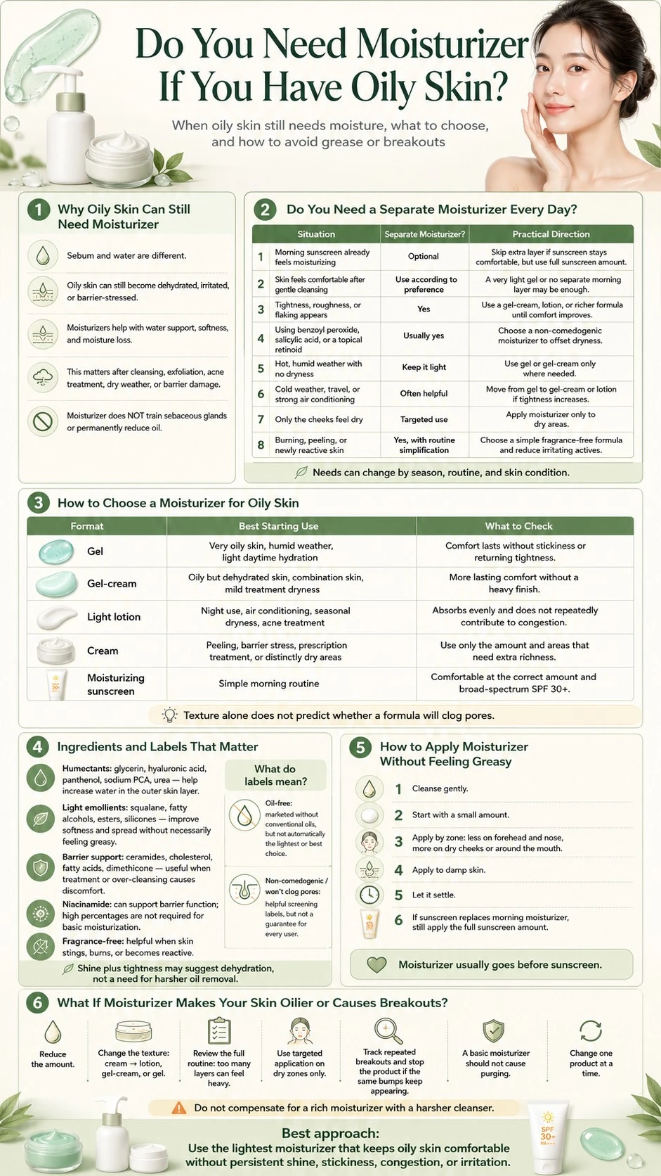 Oily skin moisturizer infographic covering daily need textures ingredients application sunscreen grease and breakout prevention - Zicail Beauty Oily skin moisturizer infographic covering daily need textures ingredients application sunscreen grease and breakout prevention - Do You Need Moisturizer If You Have Oily Skin?