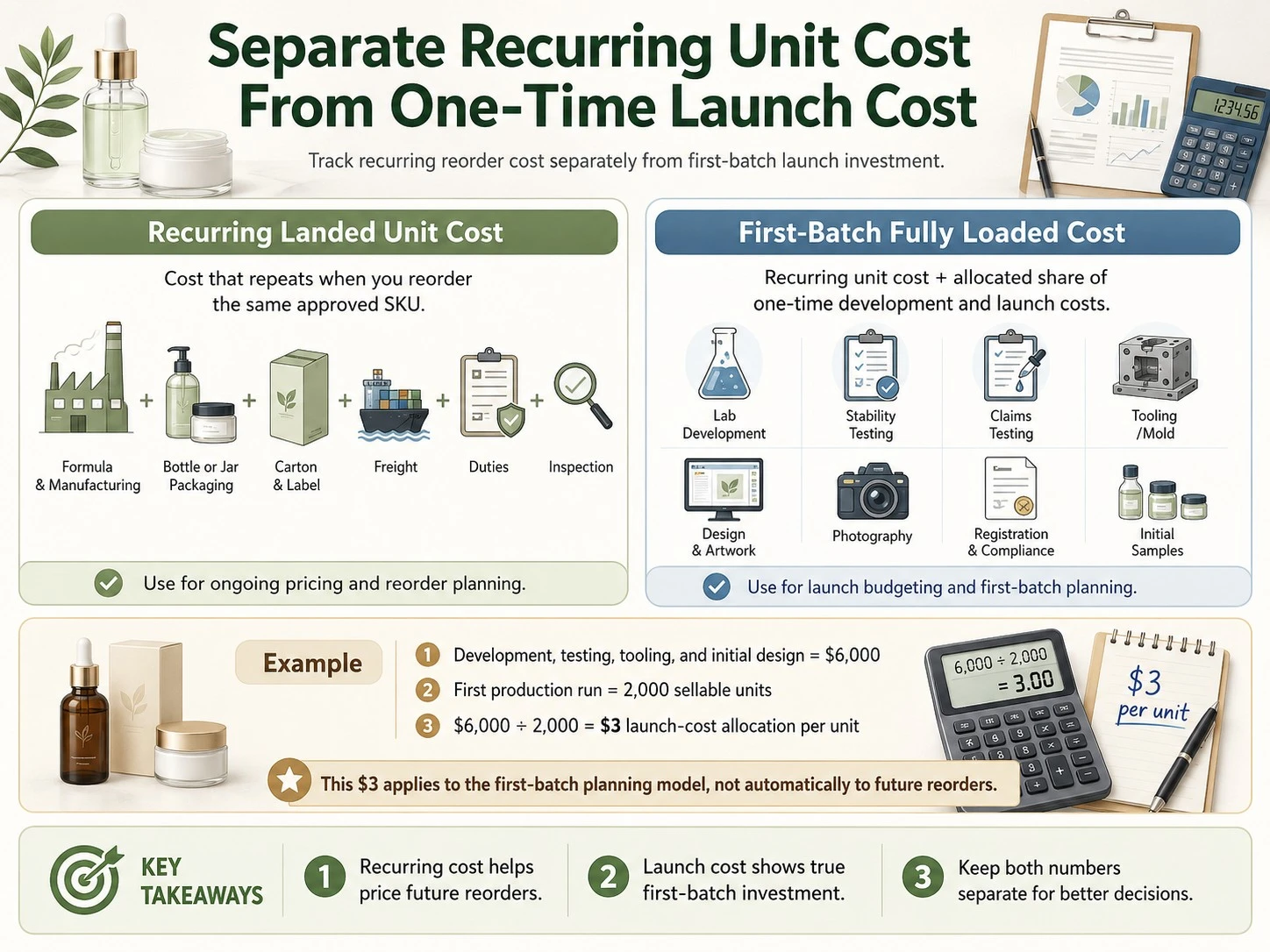 Recurring unit cost versus one time launch cost for skincare including manufacturing packaging freight testing design and tooling - Zicail Beauty Recurring unit cost versus one time launch cost for skincare including manufacturing packaging freight testing design and tooling - How to Calculate Skincare Product Cost and Profit Margin