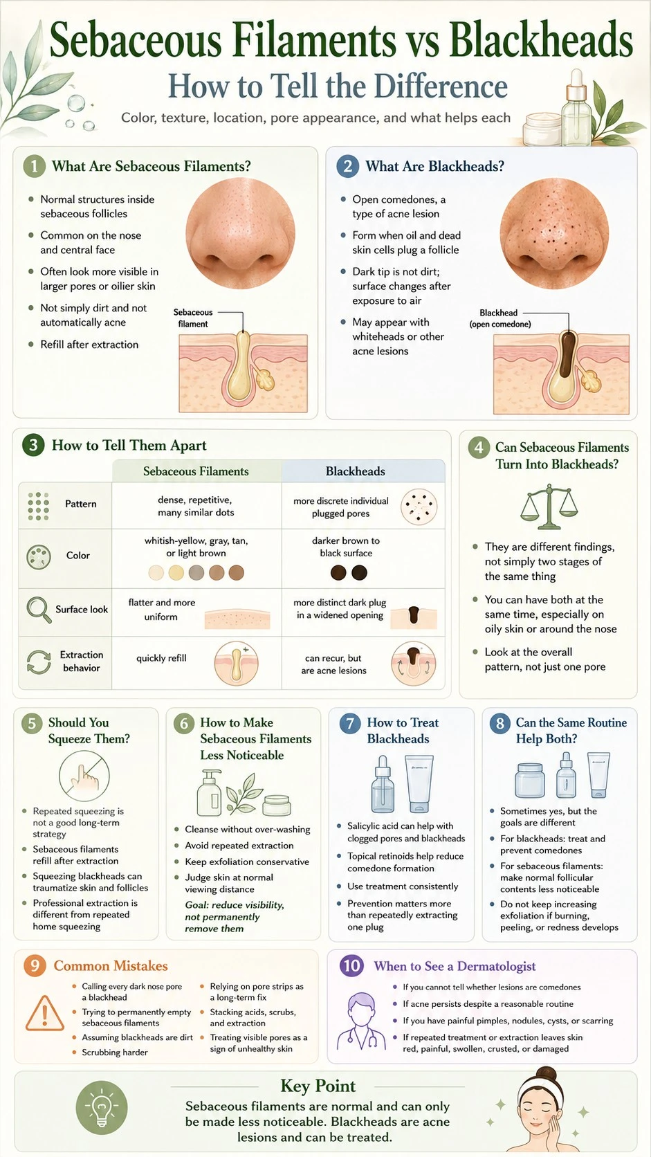 Sebaceous Filaments vs Blackheads infographic covering appearance extraction treatment common mistakes and dermatologist guidance - Zicail Beauty Sebaceous Filaments vs Blackheads infographic covering appearance extraction treatment common mistakes and dermatologist guidance - Sebaceous Filaments vs Blackheads: How to Tell the Difference