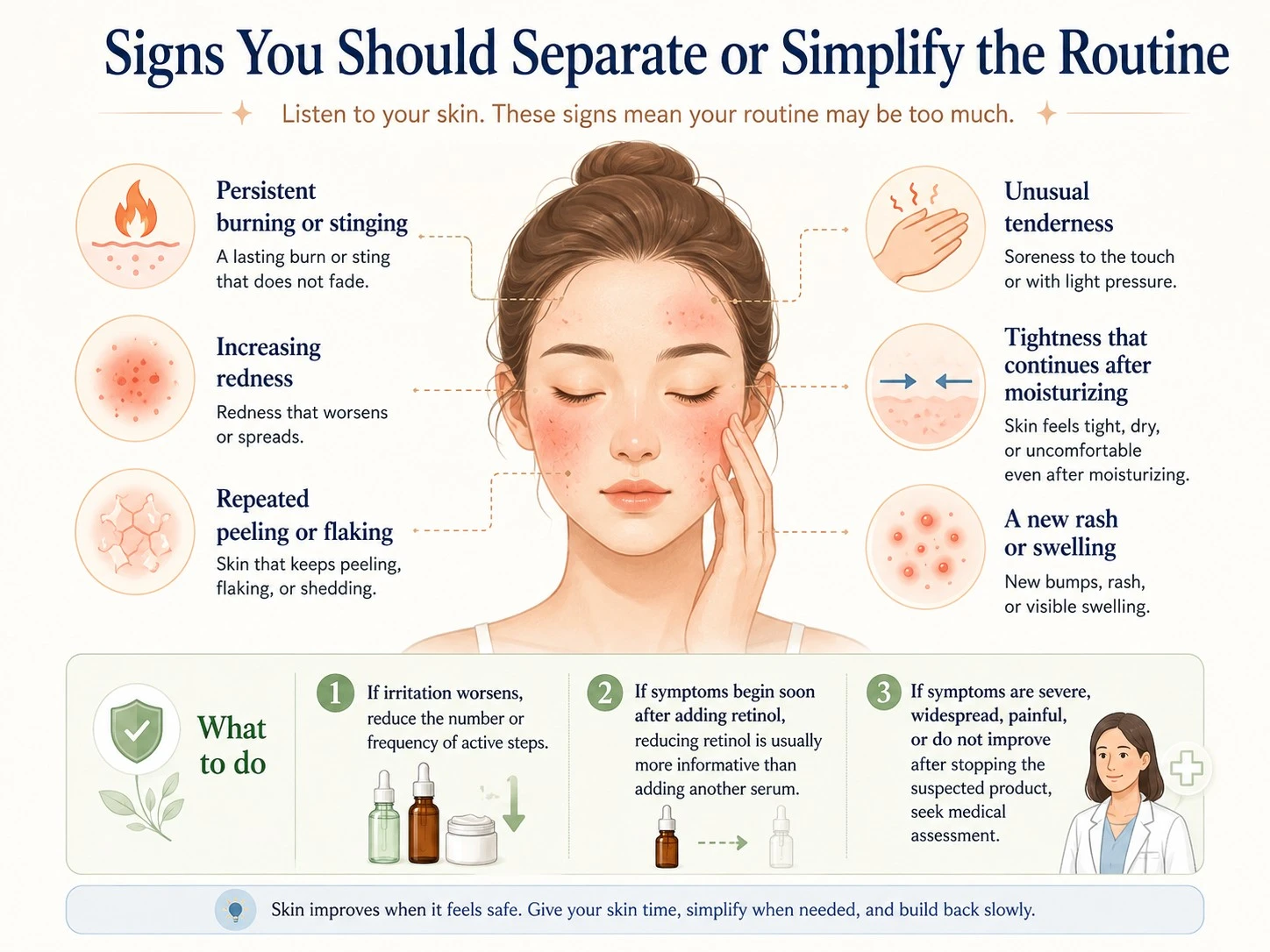 Signs You Should Separate or Simplify the Routine showing burning redness peeling tenderness tightness rash and swelling - Zicail Beauty Signs You Should Separate or Simplify the Routine showing burning redness peeling tenderness tightness rash and swelling - Can You Use Niacinamide and Retinol Together?
