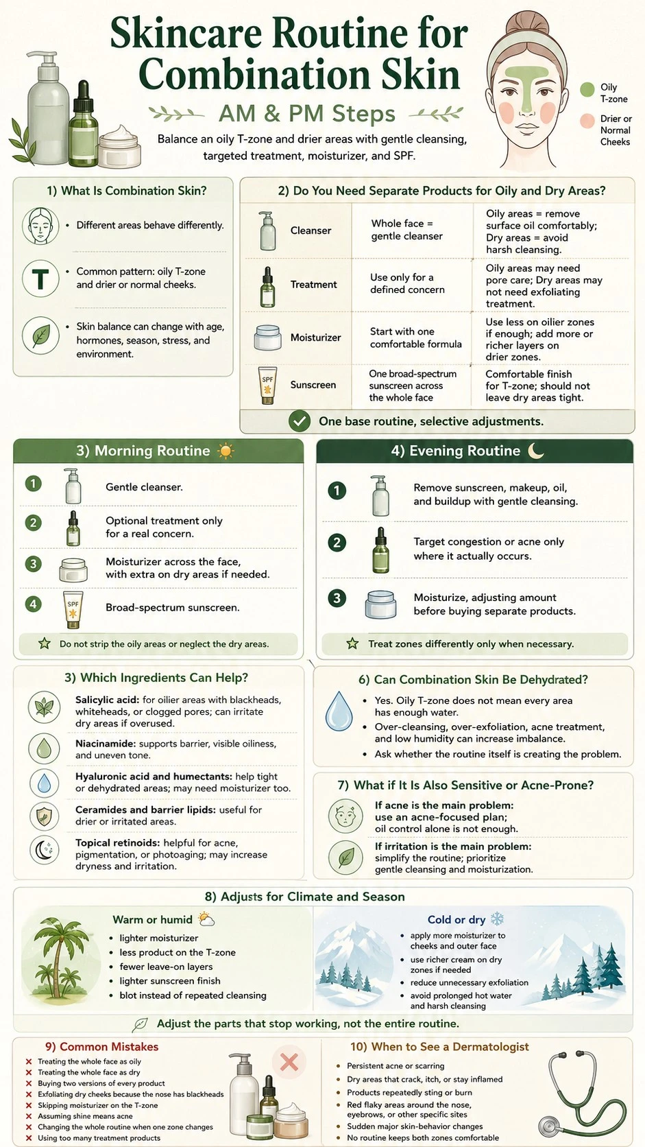 Skincare Routine for Combination Skin AM and PM Steps infographic covering zones treatments hydration climate and common mistakes - Zicail Beauty Skincare Routine for Combination Skin AM and PM Steps infographic covering zones treatments hydration climate and common mistakes - Skincare Routine for Combination Skin: AM & PM Steps