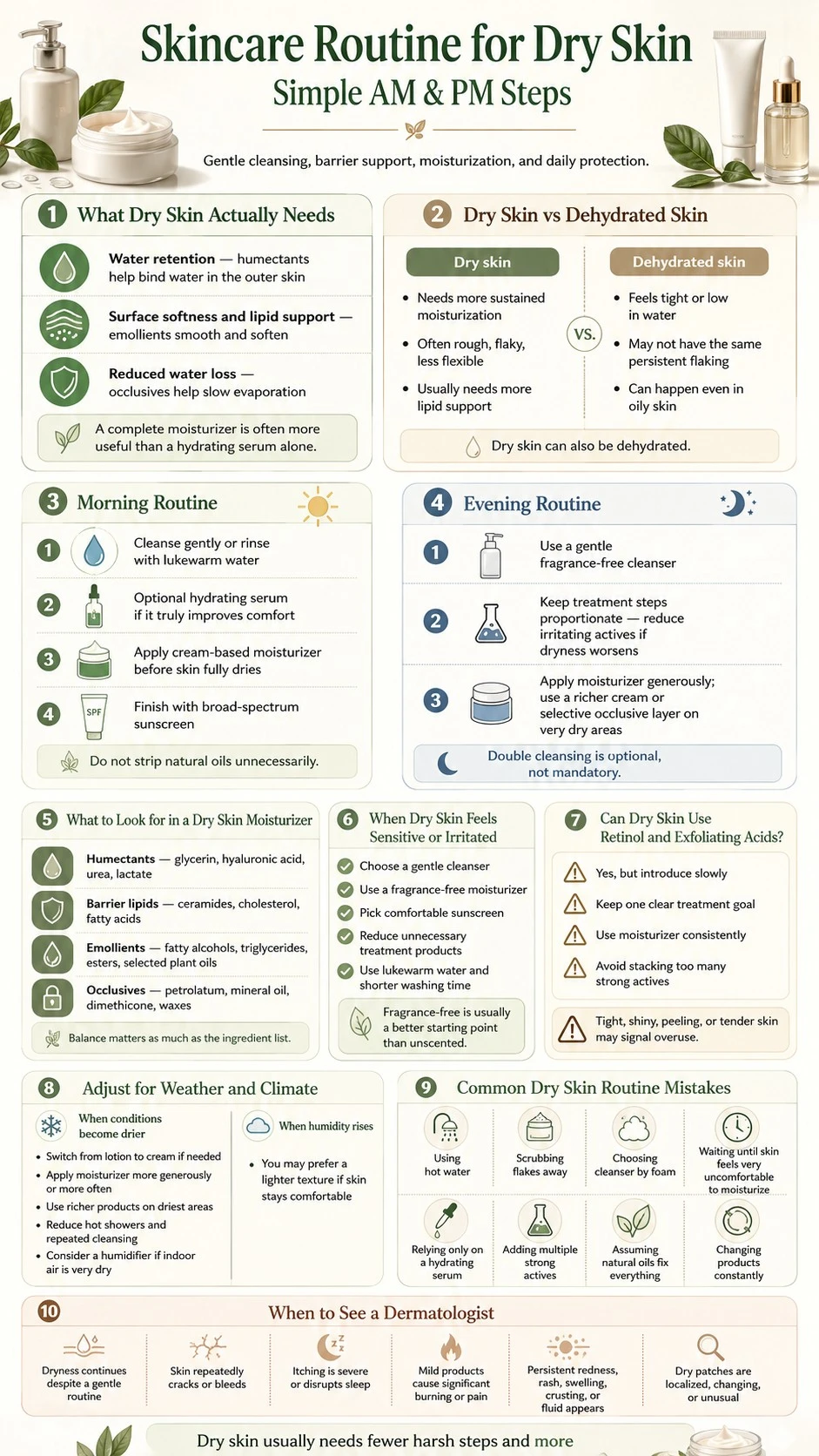 Skincare Routine for Dry Skin Simple AM and PM Steps infographic covering hydration barrier care climate and common mistakes - Zicail Beauty Skincare Routine for Dry Skin Simple AM and PM Steps infographic covering hydration barrier care climate and common mistakes - Skincare Routine for Dry Skin: Simple AM & PM Steps