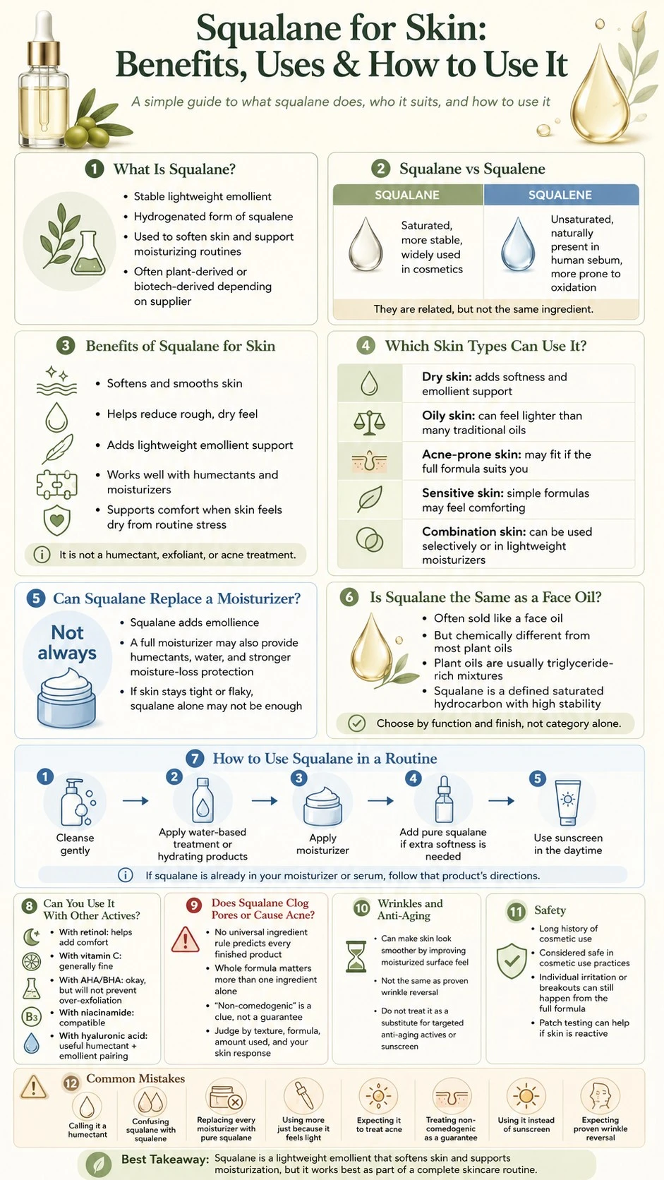 Squalane for Skin Benefits Uses and How to Use It infographic covering benefits skin types routine and safety - Zicail Beauty Squalane for Skin Benefits Uses and How to Use It infographic covering benefits skin types routine and safety - Squalane for Skin: Benefits, Uses & How to Use It