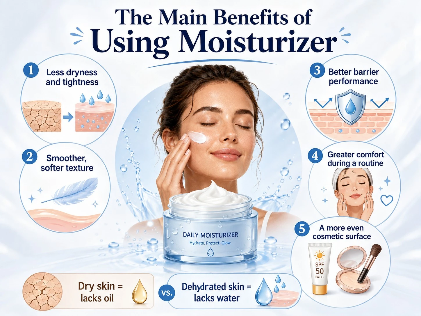 The Main Benefits of Using Moisturizer illustration showing less dryness smoother texture barrier support and cosmetic surface - Zicail Beauty The Main Benefits of Using Moisturizer illustration showing less dryness smoother texture barrier support and cosmetic surface - What Does Moisturizer Do? Benefits and How It Works