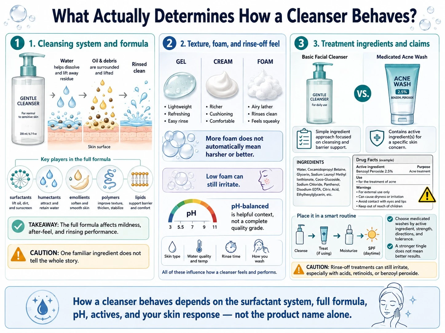 What Actually Determines How a Cleanser Behaves illustration showing surfactants foam pH treatment claims and skin response - Zicail Beauty What Actually Determines How a Cleanser Behaves illustration showing surfactants foam pH treatment claims and skin response - Face Wash vs Cleanser: Differences and How to Choose