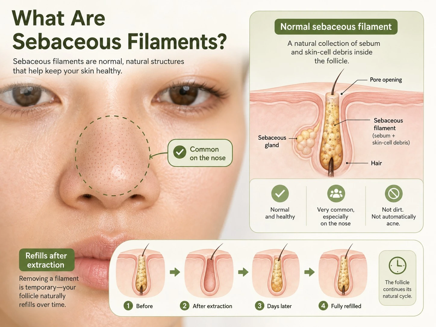 What Are Sebaceous Filaments showing normal follicular structures sebum nose pores extraction and natural refilling - Zicail Beauty What Are Sebaceous Filaments showing normal follicular structures sebum nose pores extraction and natural refilling - Sebaceous Filaments vs Blackheads: How to Tell the Difference