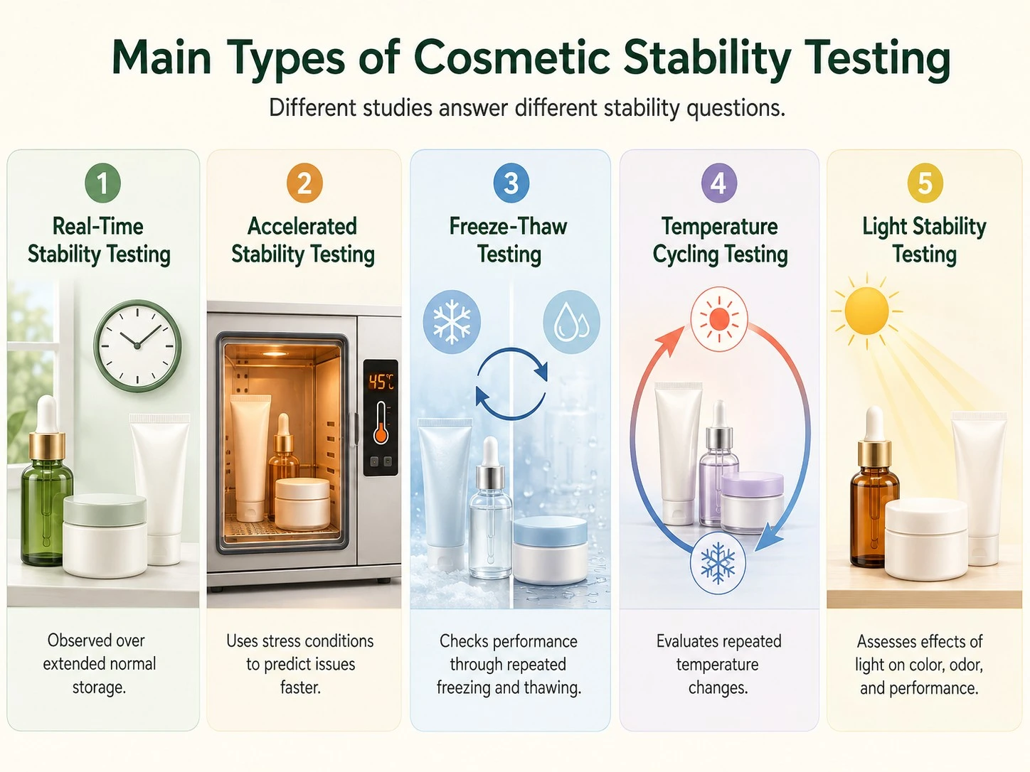 What Are the Main Types of Cosmetic Stability Testing illustration showing real time accelerated freeze thaw temperature cycling light testing - Zicail Beauty What Are the Main Types of Cosmetic Stability Testing illustration showing real time accelerated freeze thaw temperature cycling light testing - Cosmetic Stability Testing: What It Is, Methods & Why It Matters