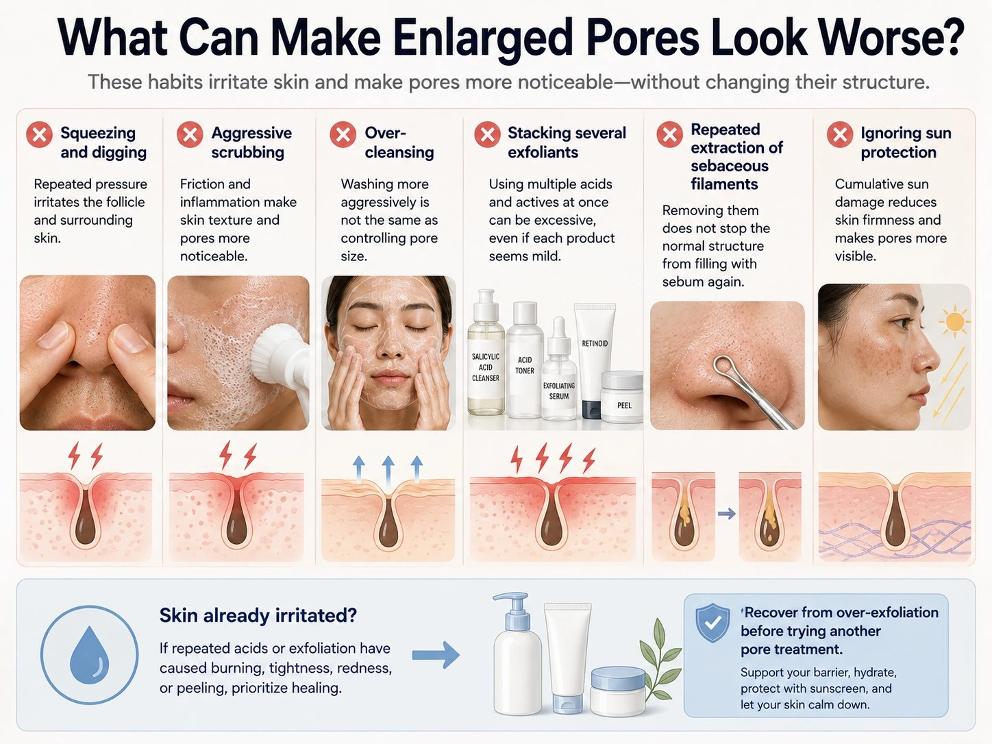 What Can Make Enlarged Pores Look Worse illustration showing squeezing scrubbing over cleansing exfoliation and sun damage - Zicail Beauty What Can Make Enlarged Pores Look Worse illustration showing squeezing scrubbing over cleansing exfoliation and sun damage - Enlarged Pores: Causes, Treatment & How to Minimize Them
