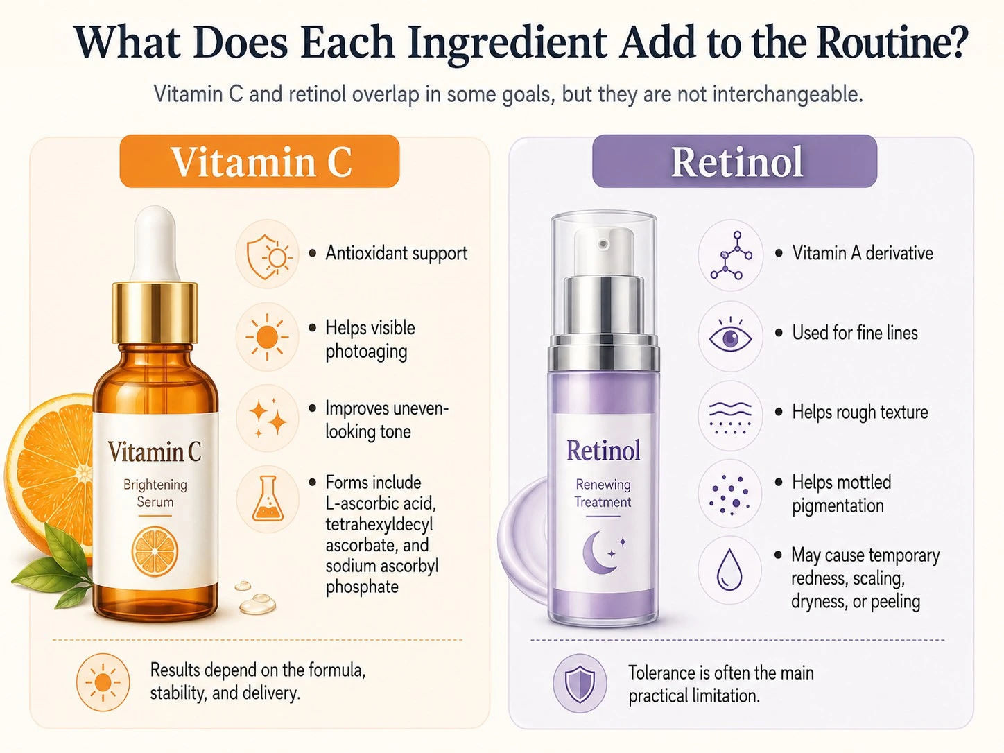 What Does Each Ingredient Add to the Routine comparing vitamin C antioxidant support and retinol anti aging benefits - Zicail Beauty What Does Each Ingredient Add to the Routine comparing vitamin C antioxidant support and retinol anti aging benefits - Can You Use Vitamin C and Retinol Together?